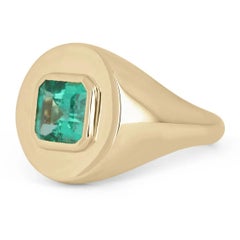1.50cts 18K Colombian Emerald-Emerald Cut Solitaire Bezel Set Signet Ring