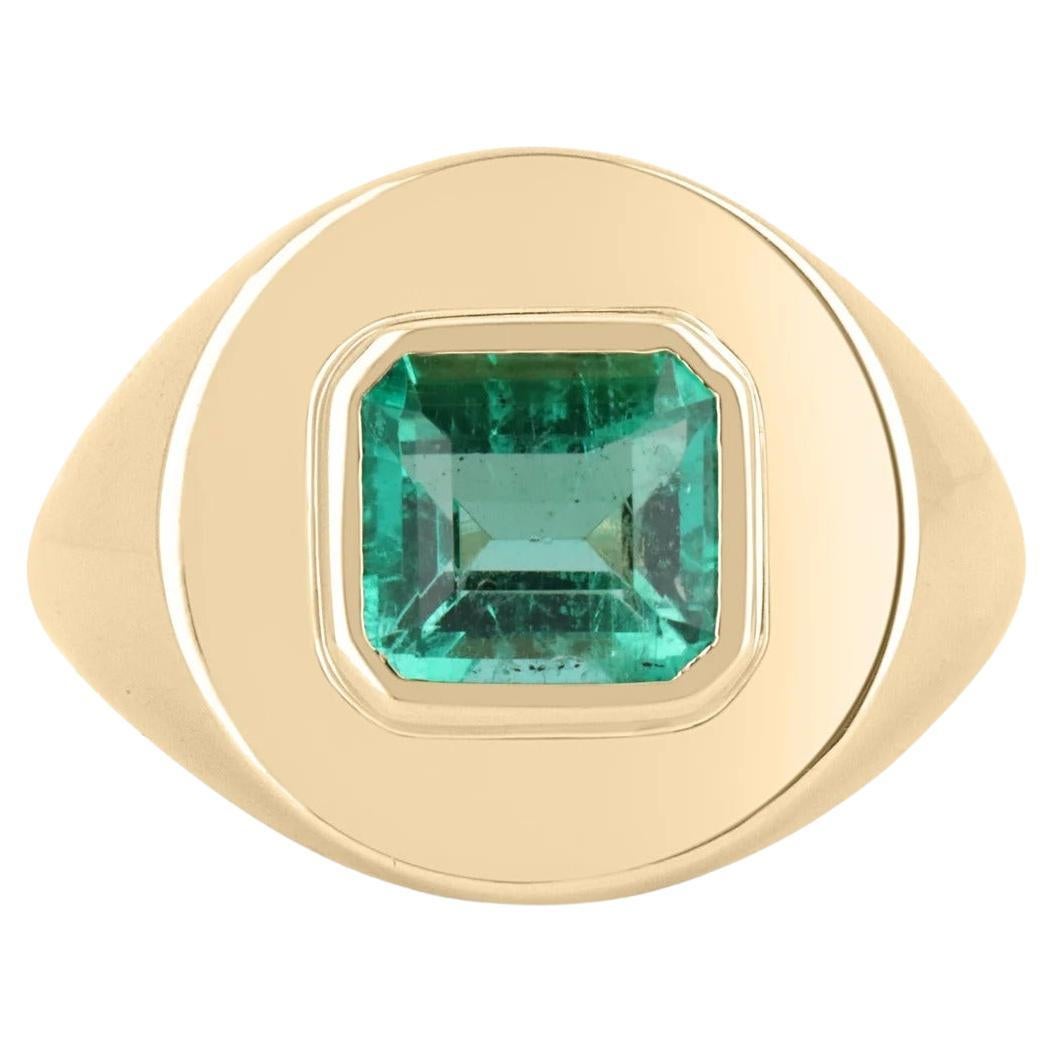 1.50cts 18K Colombian Emerald-Emerald Cut Solitaire Bezel Set Signet Ring