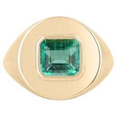 1.50cts 18K Colombian Emerald-Emerald Cut Solitaire Bezel Set Signet Ring