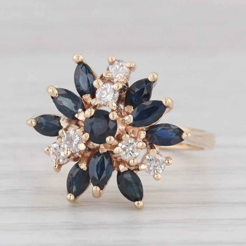 1.50ctw Blue Sapphire Diamond Cluster Cocktail Ring 14k Yellow Gold Size 6.5 2