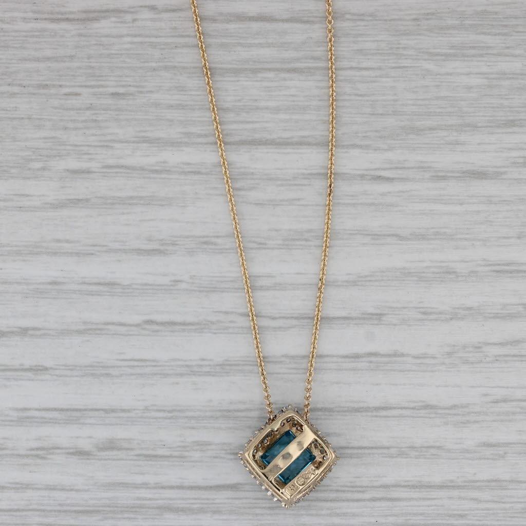 Square Cut 1.50ctw Blue Topaz Diamond Halo Pendant Necklace 14k Yellow Gold 16