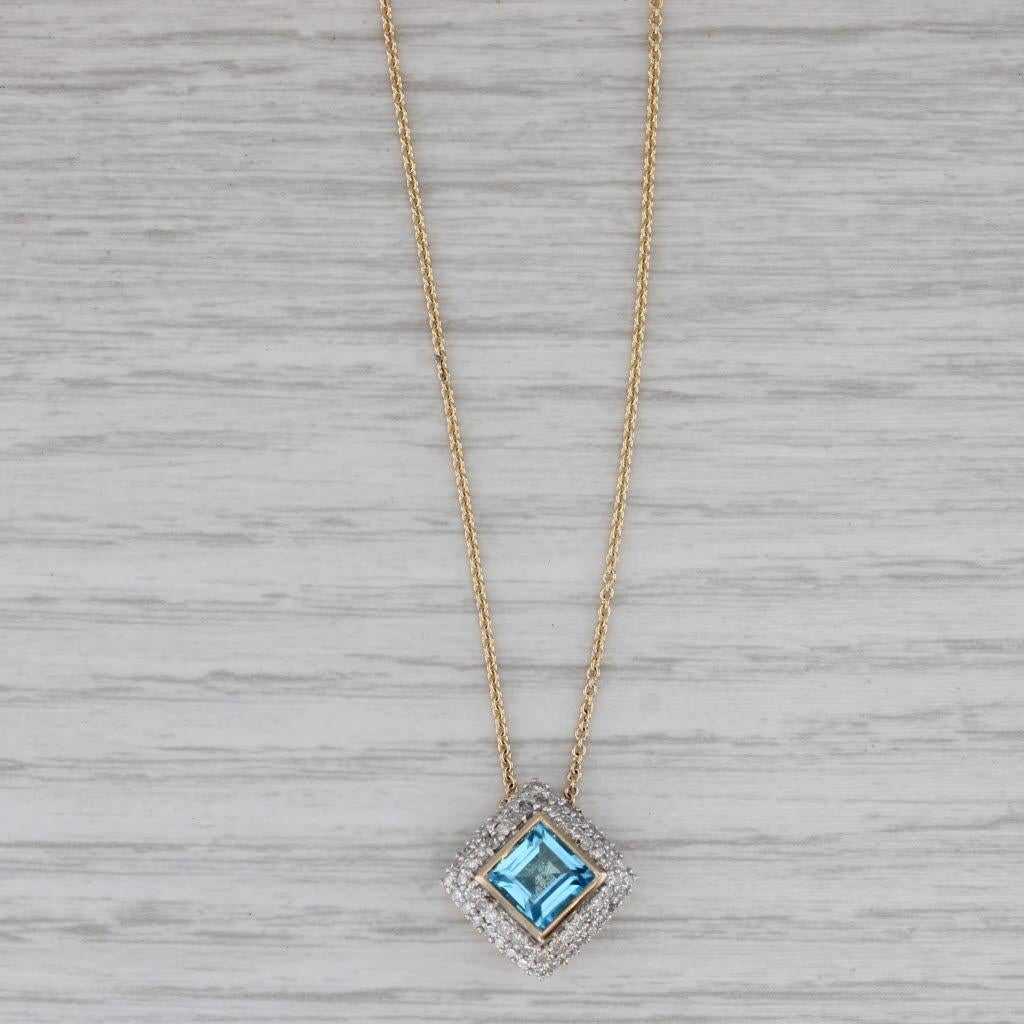 Women's or Men's 1.50ctw Blue Topaz Diamond Halo Pendant Necklace 14k Yellow Gold 16