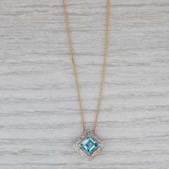 1.50ctw Blue Topaz Diamond Halo Pendant Necklace 14k Yellow Gold 16" Cable Chain