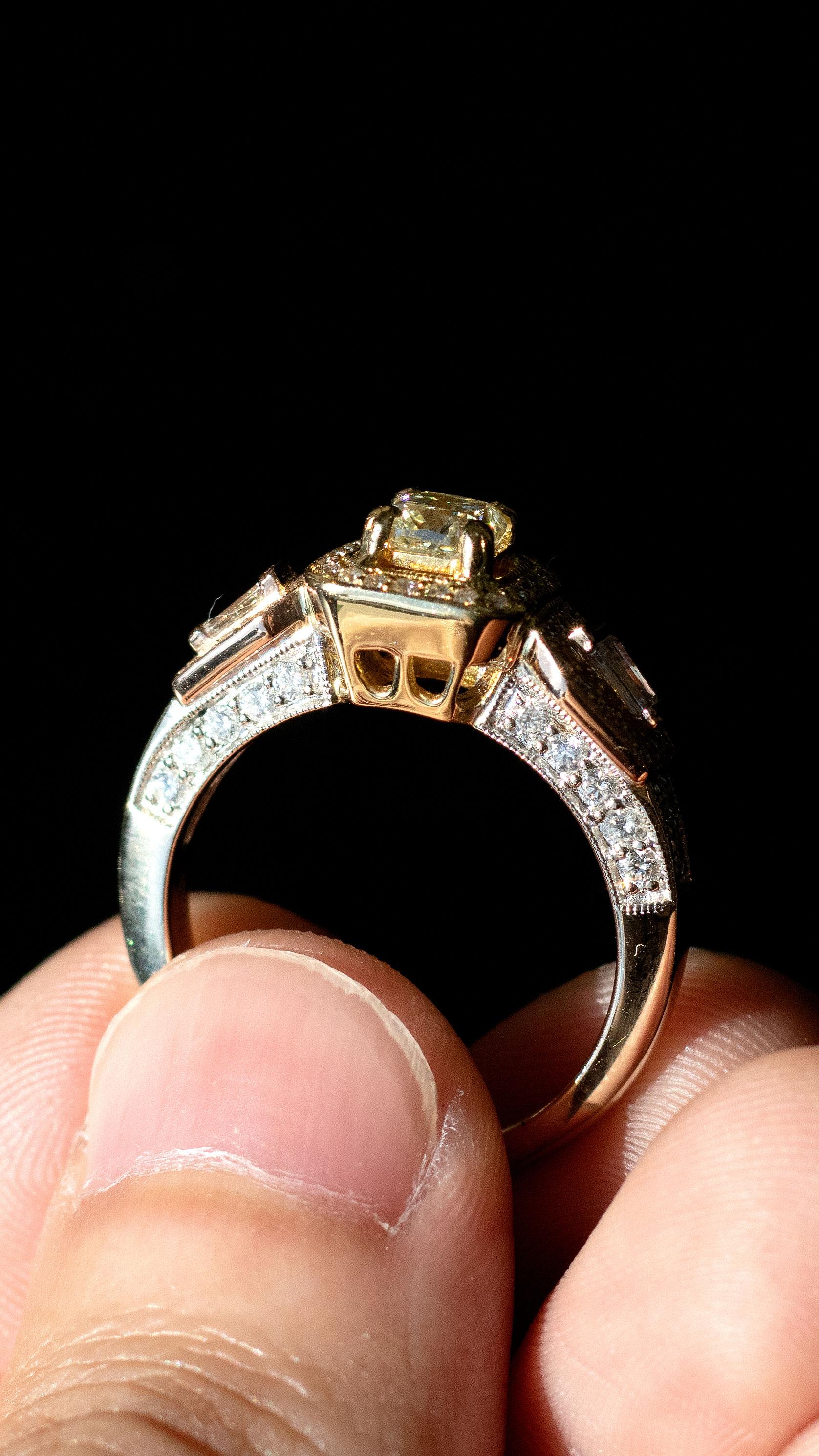 1.50ctw Cushion Center Three Diamond Pave Ring 18 Karat In Excellent Condition For Sale In Boca Raton, FL