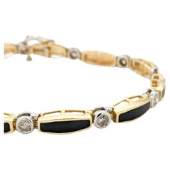 Vintage 1.50ctw Diamond & Onyx Yellow Gold Tennis Bracelet