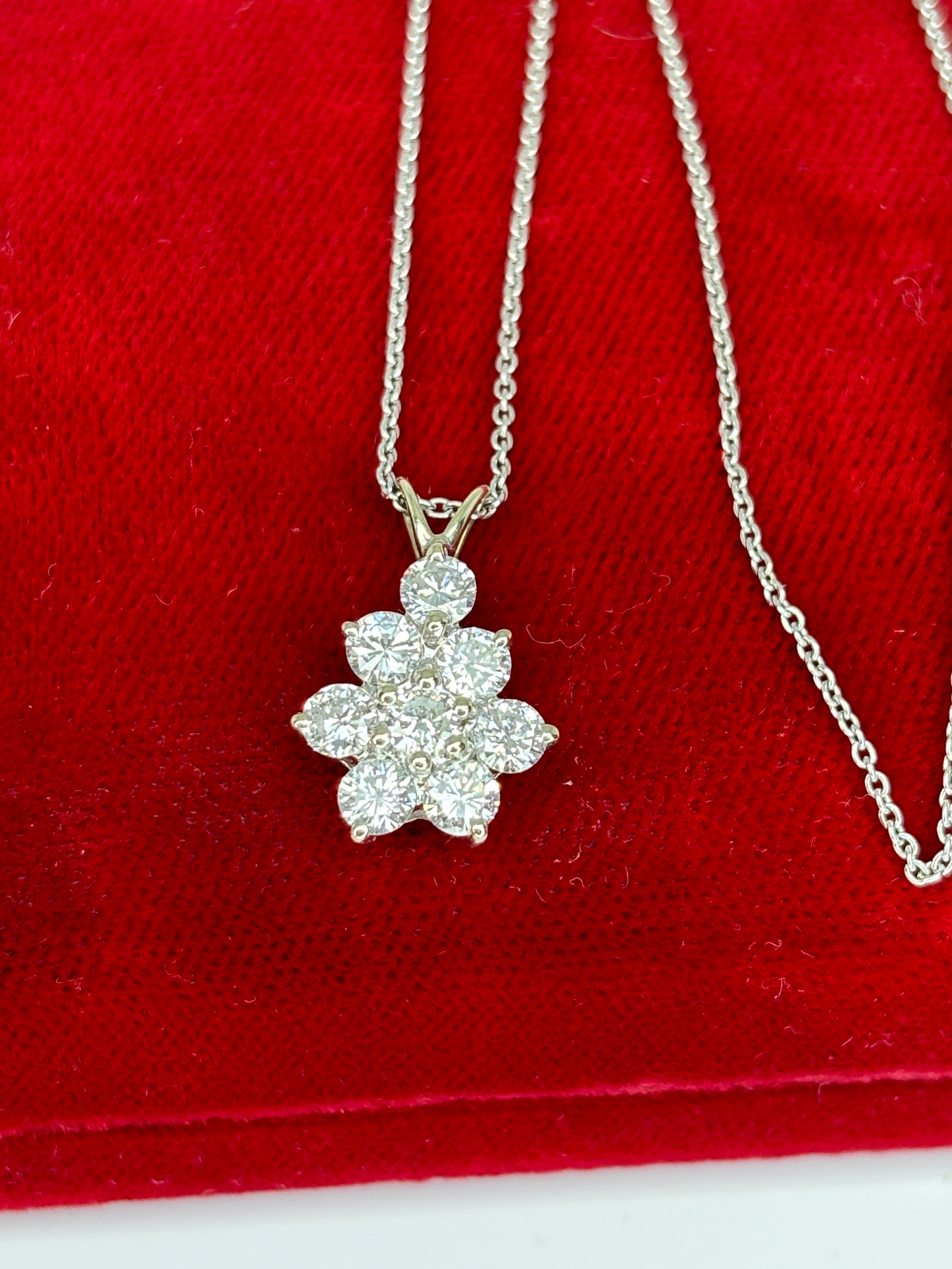 Contemporary 1.50ctw Natural Diamond Flower Cluster Drop Pendant 14k White Gold Necklace For Sale