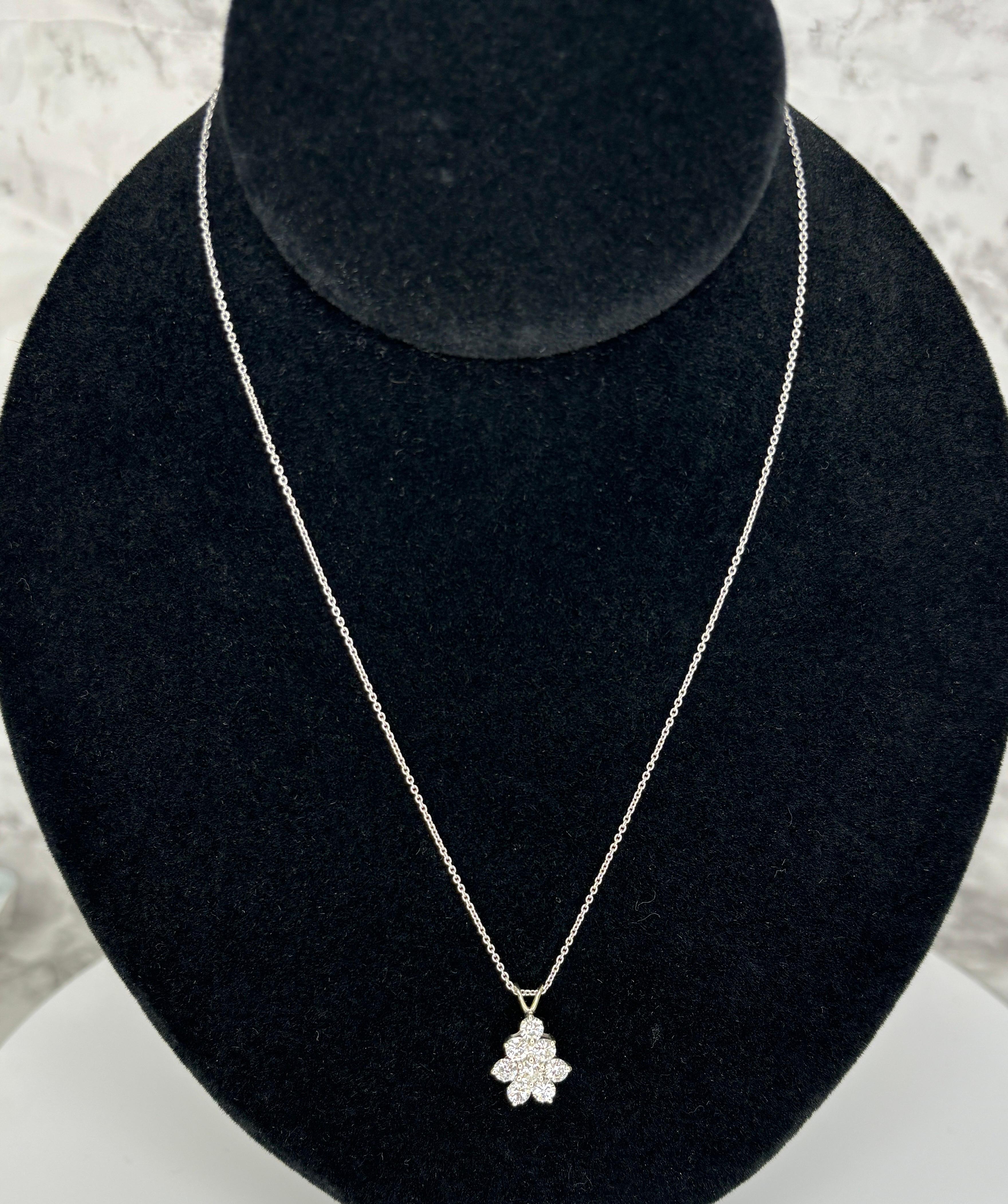Brilliant Cut 1.50ctw Natural Diamond Flower Cluster Drop Pendant 14k White Gold Necklace For Sale
