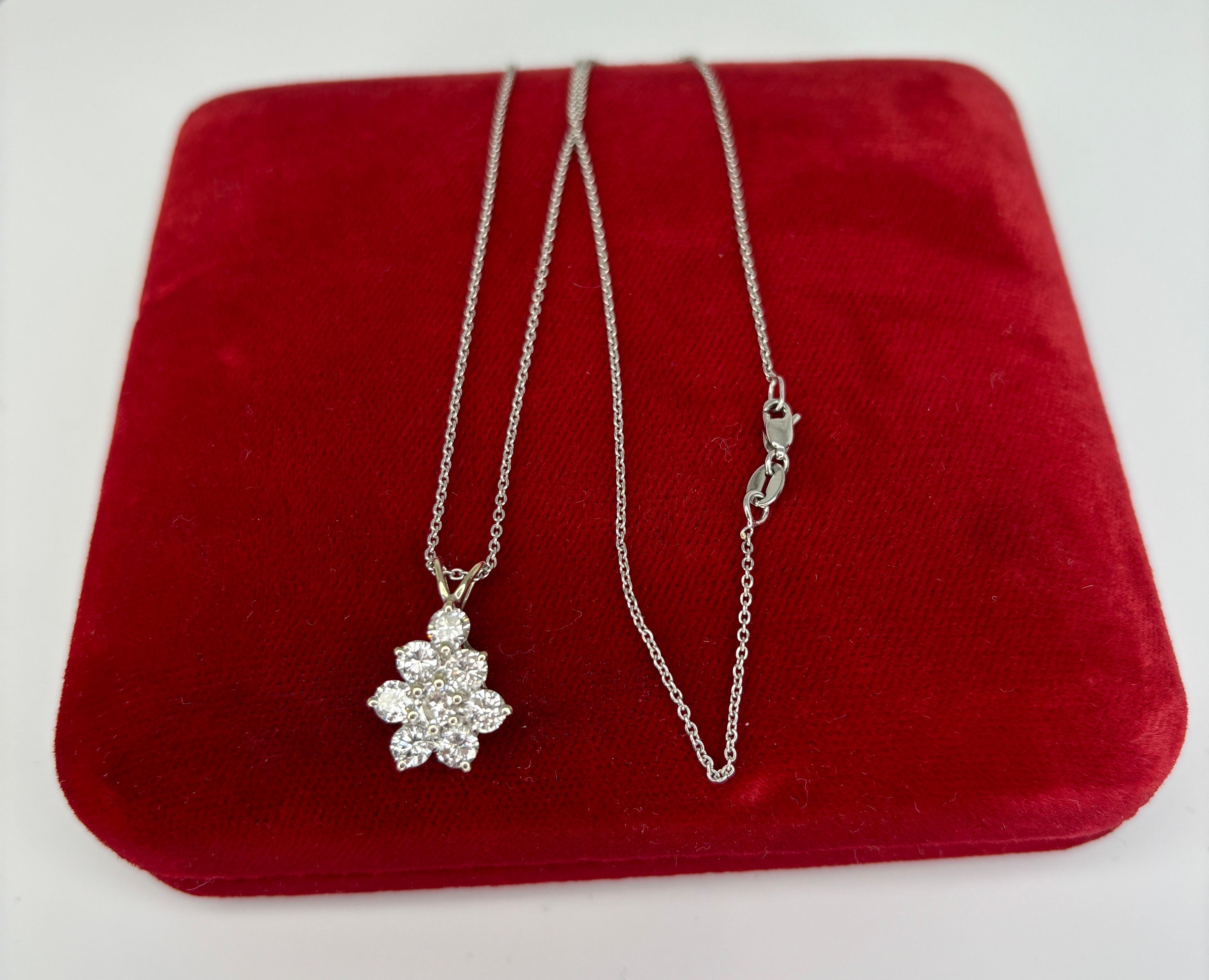 1.50ctw Natural Diamond Flower Cluster Drop Pendant 14k White Gold Necklace In Good Condition For Sale In Bernardsville, NJ