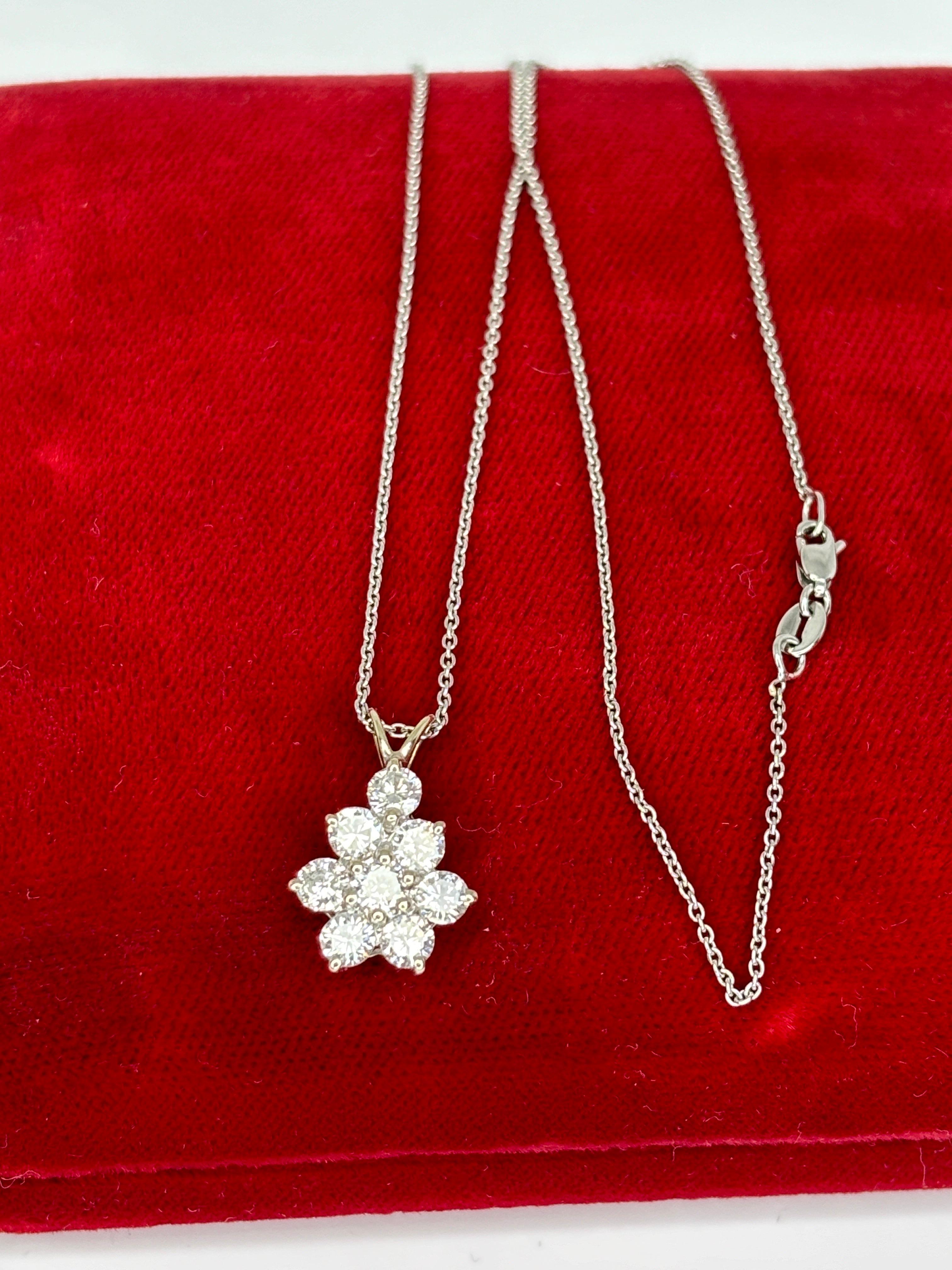 1.50ctw Natural Diamond Flower Cluster Drop Pendant 14k White Gold Necklace For Sale 1