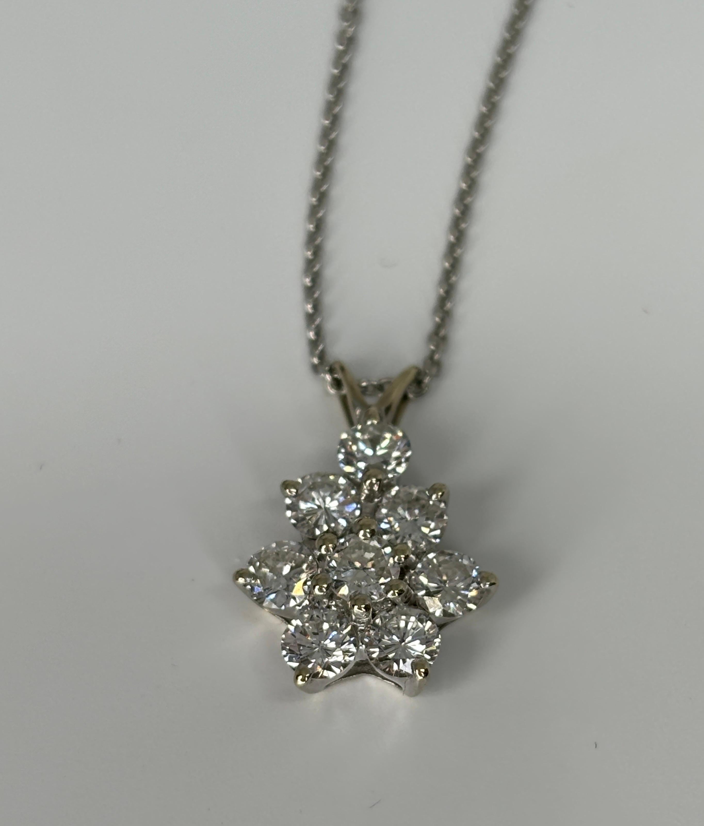 1.50ctw Natural Diamond Flower Cluster Drop Pendant 14k White Gold Necklace For Sale 2