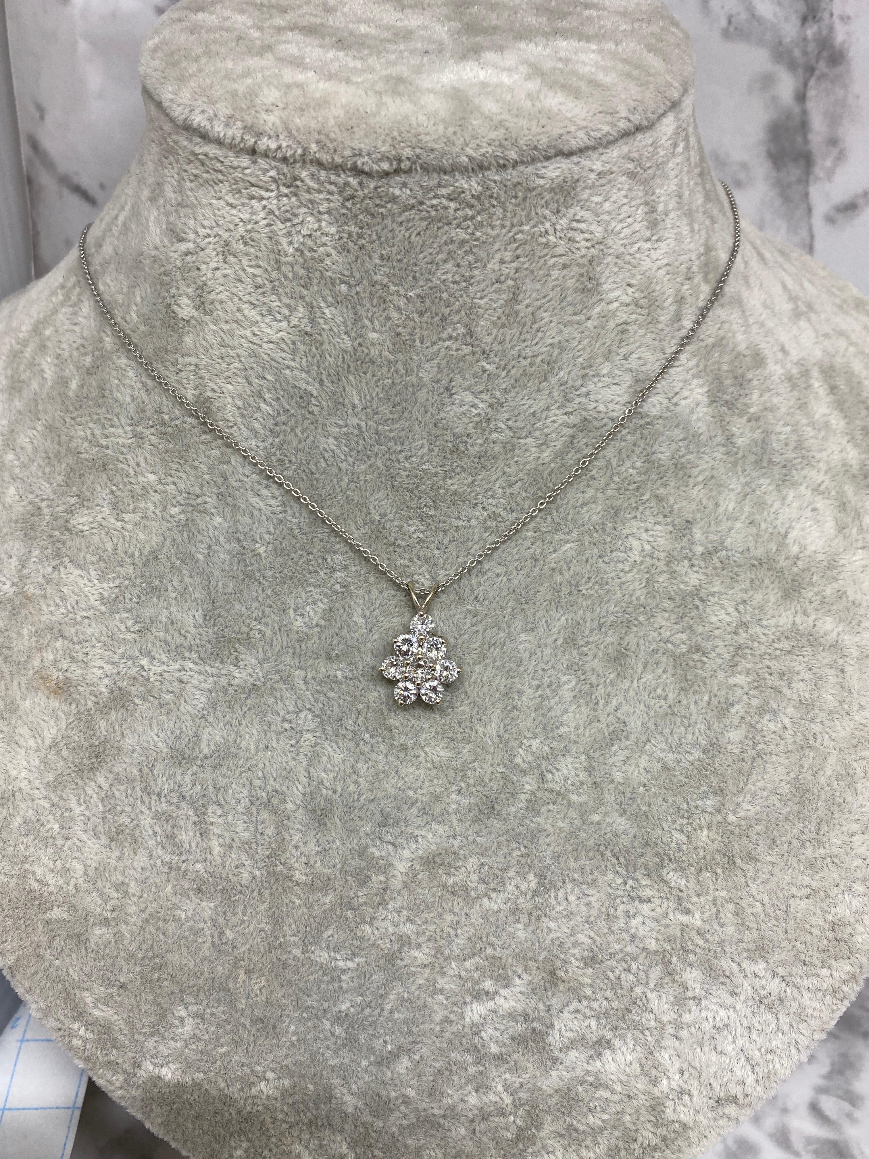 1.50ctw Natural Diamond Flower Cluster Drop Pendant 14k White Gold Necklace For Sale 3
