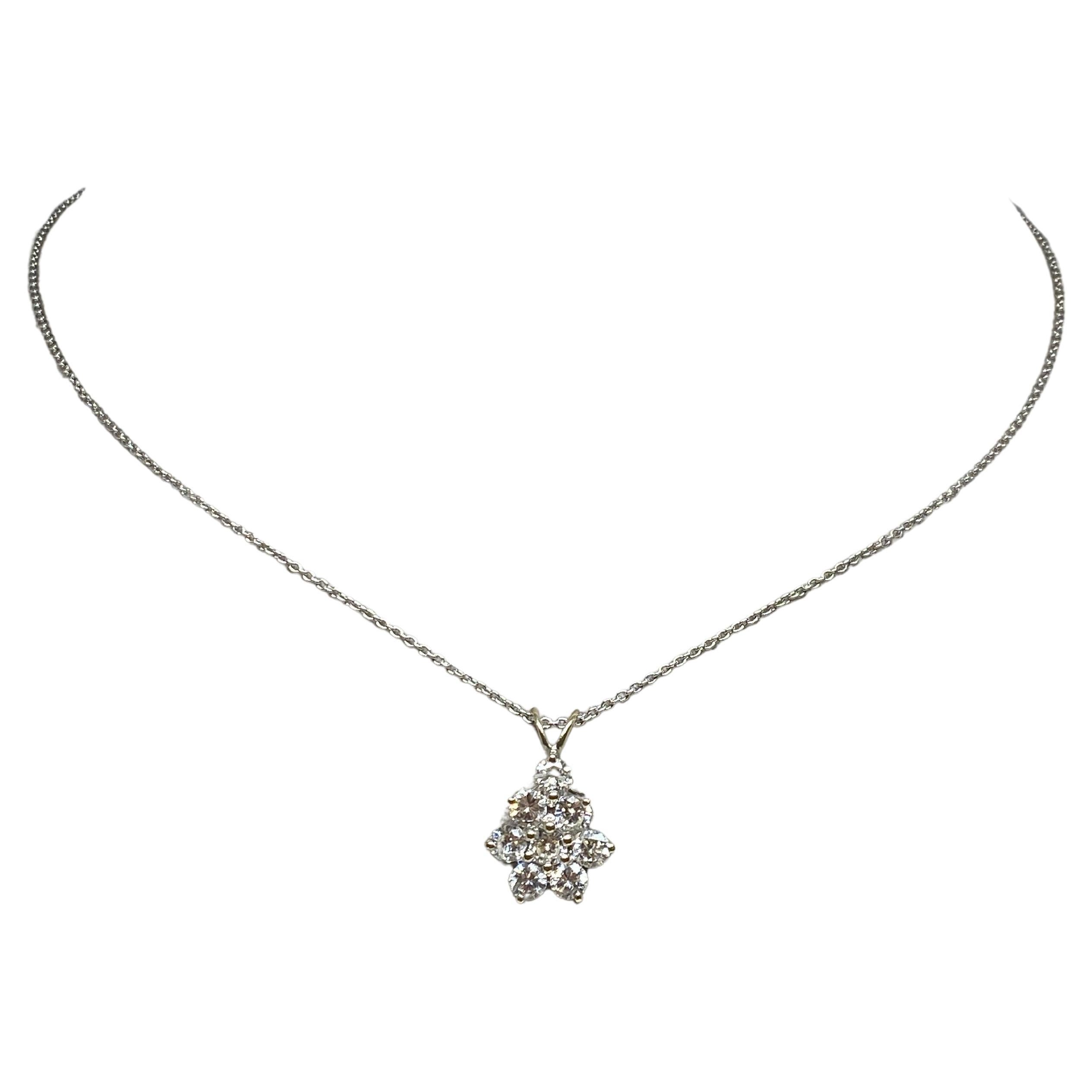 1.50ctw Natural Diamond Flower Cluster Drop Pendant 14k White Gold Necklace For Sale