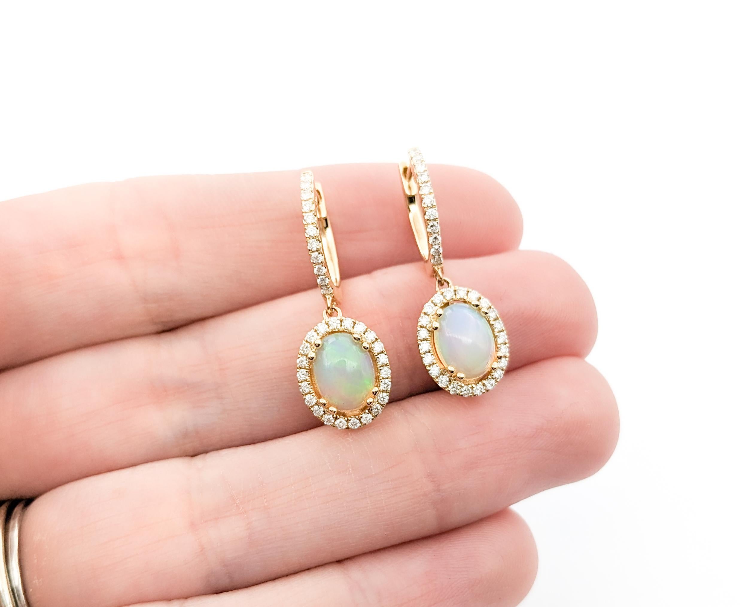 Contemporary 1.50ctw Opal & Diamond leverback Drop Earrings In Yellow Gold For Sale