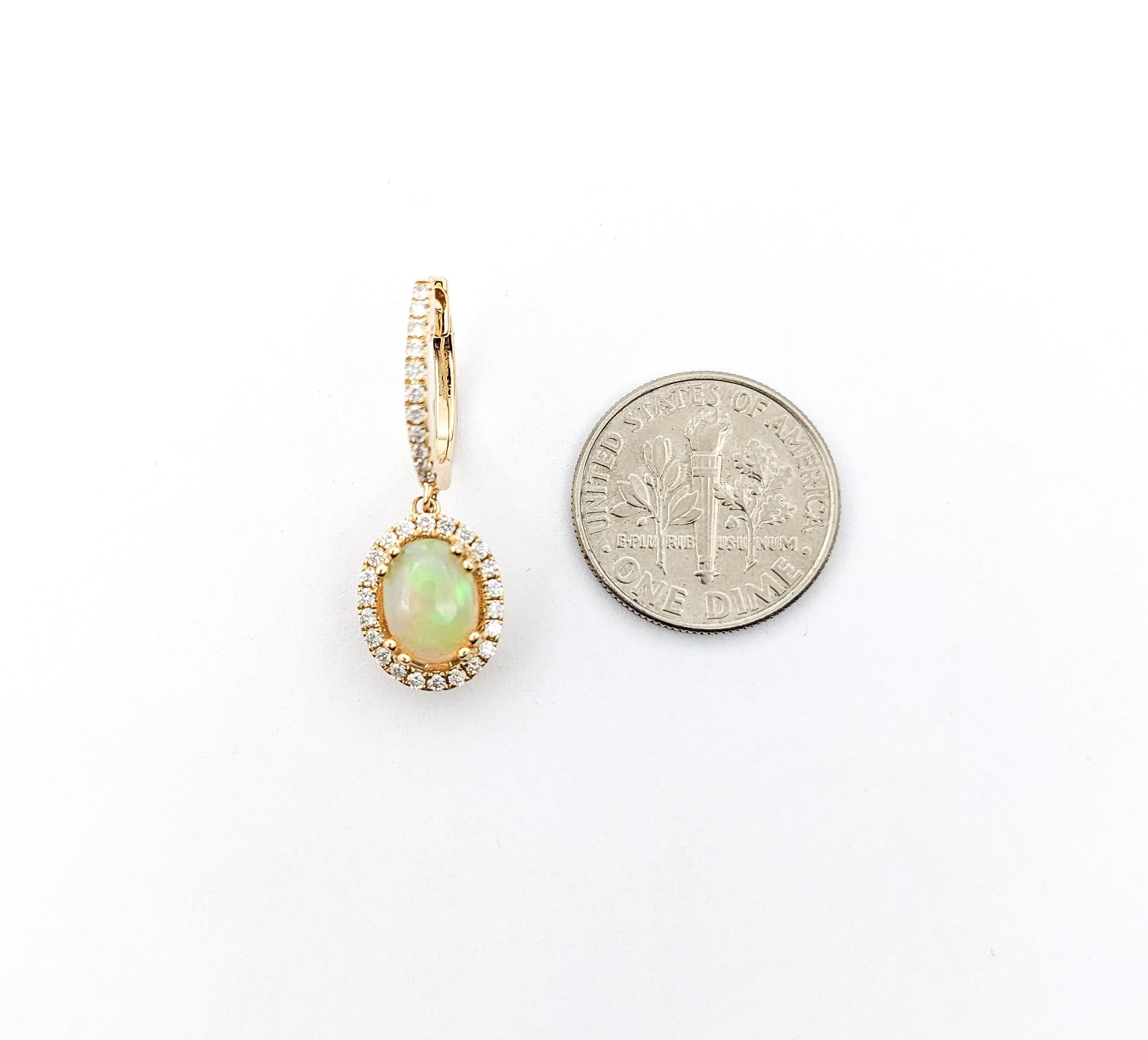 Round Cut 1.50ctw Opal & Diamond leverback Drop Earrings In Yellow Gold For Sale