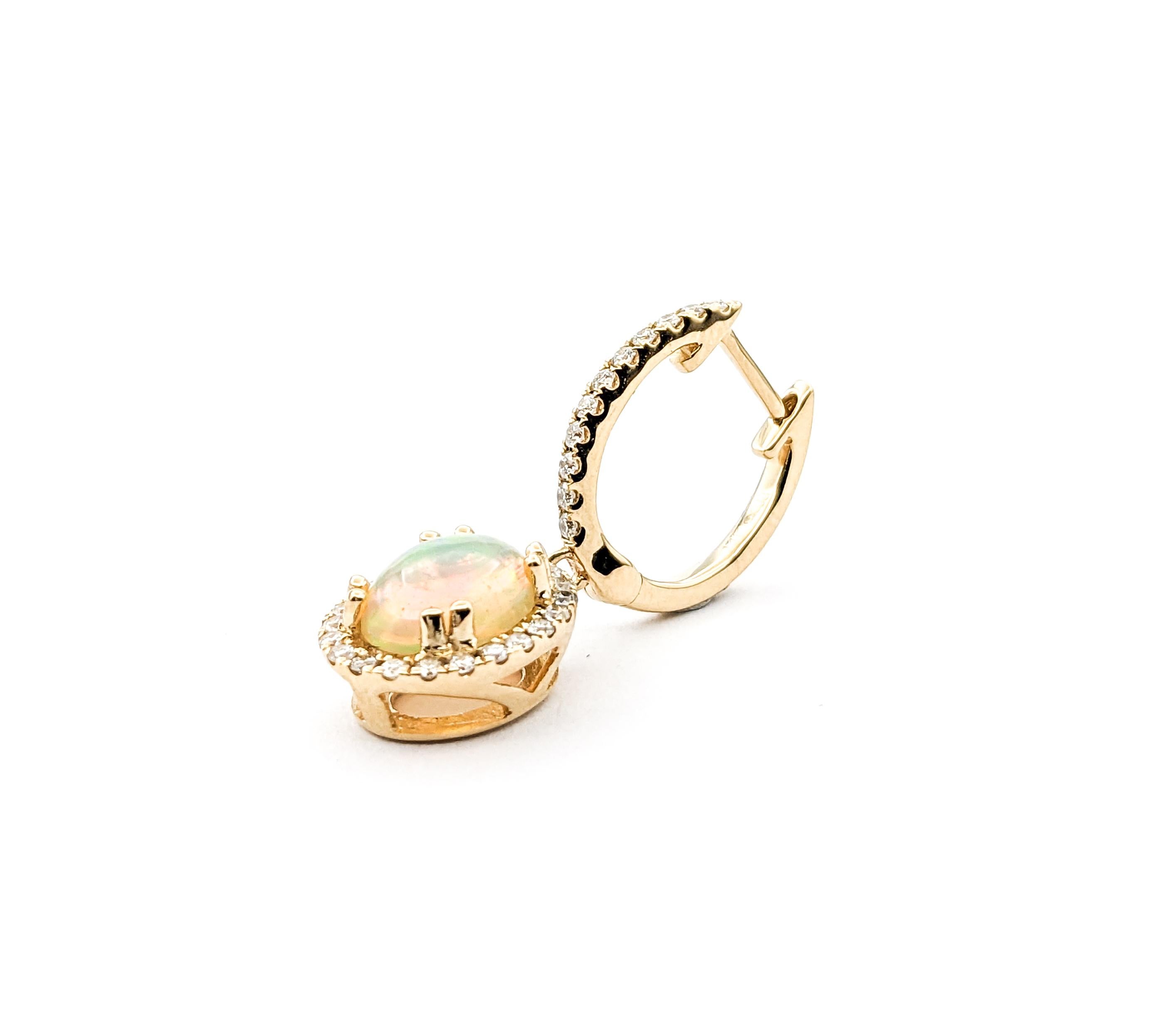 1.50ctw Opal & Diamond leverback Drop Earrings In Yellow Gold In Excellent Condition In Bloomington, MN