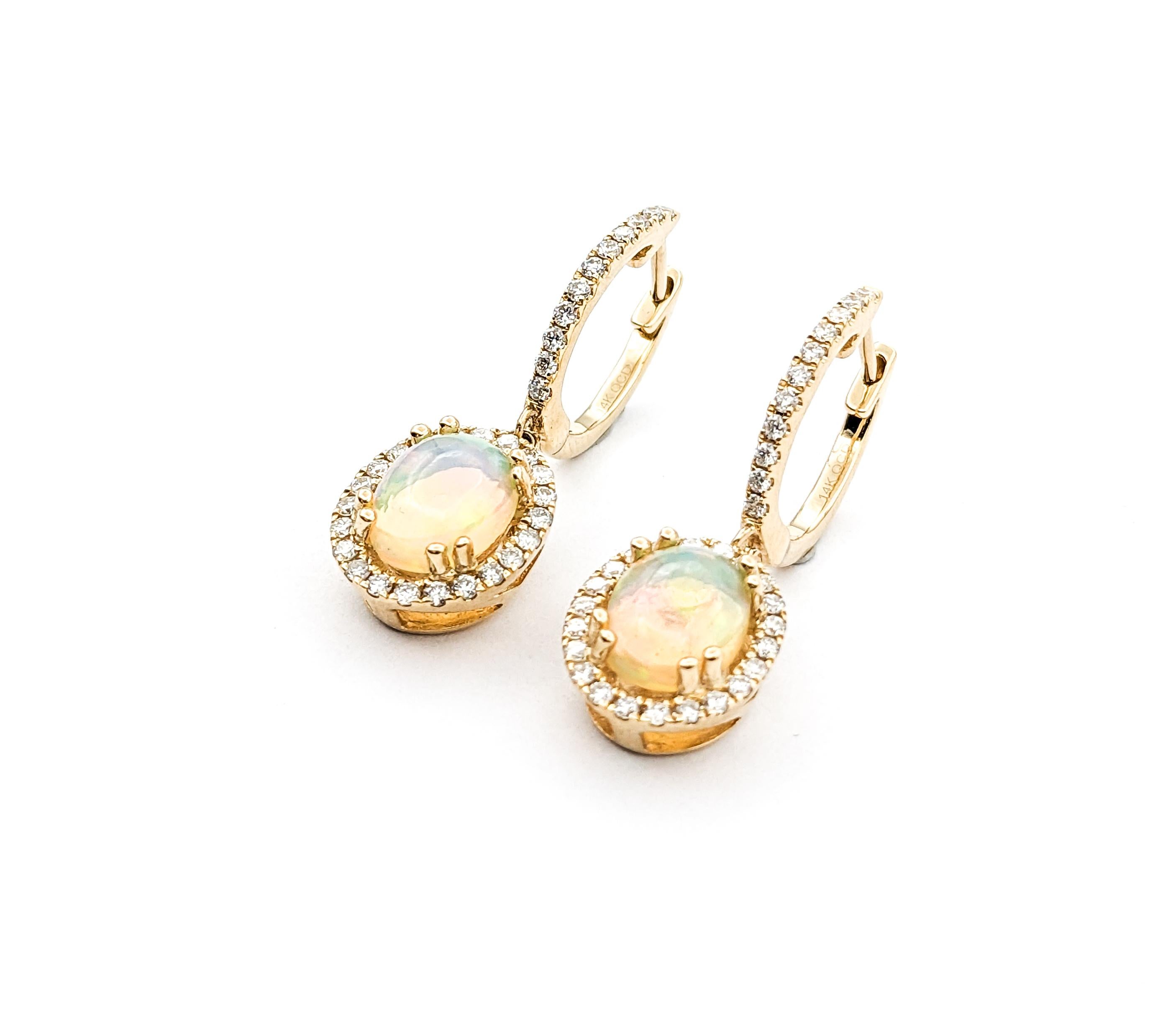 1.50ctw Opal & Diamond leverback Drop Earrings In Yellow Gold For Sale 1