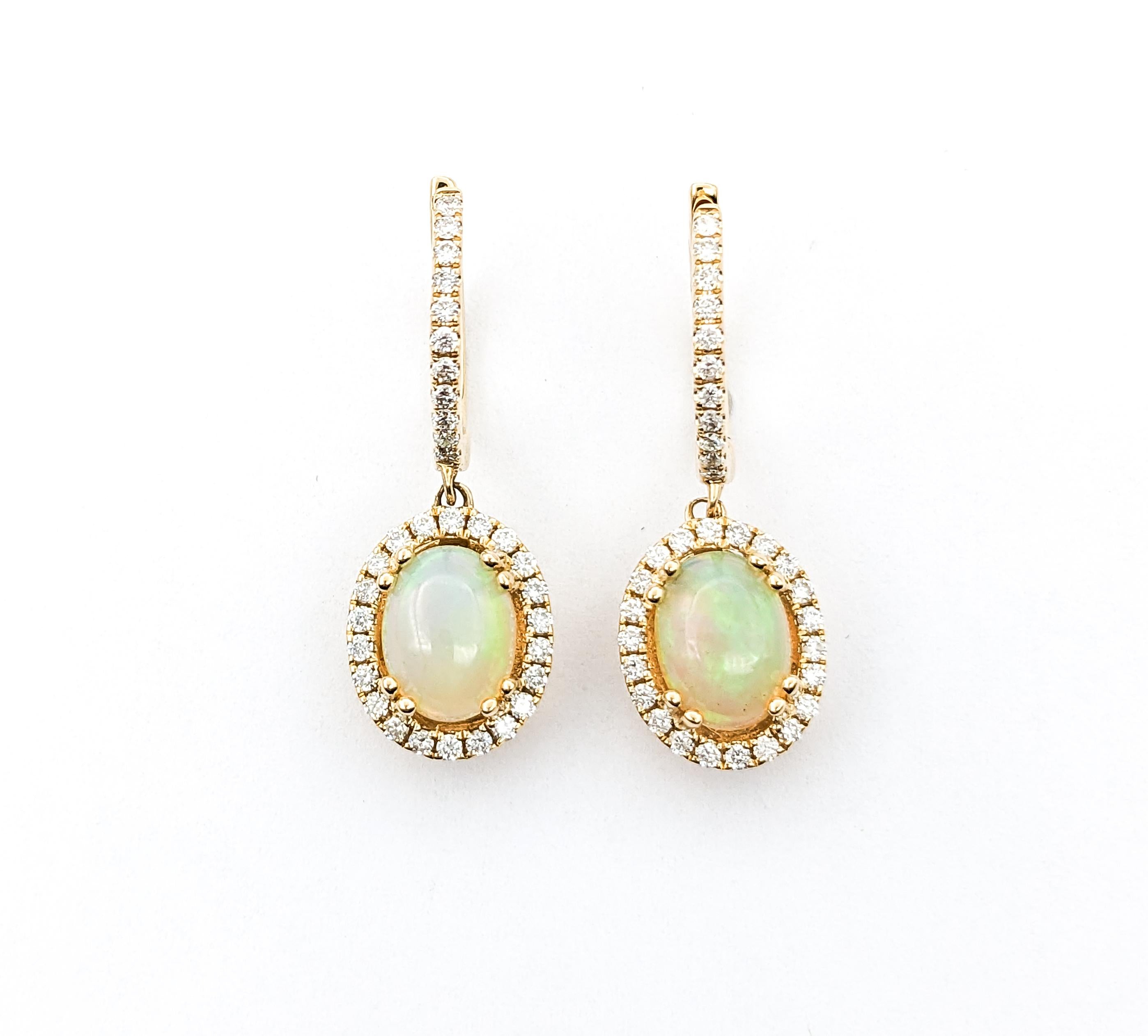 1.50ctw Opal & Diamond leverback Drop Earrings In Yellow Gold For Sale 2