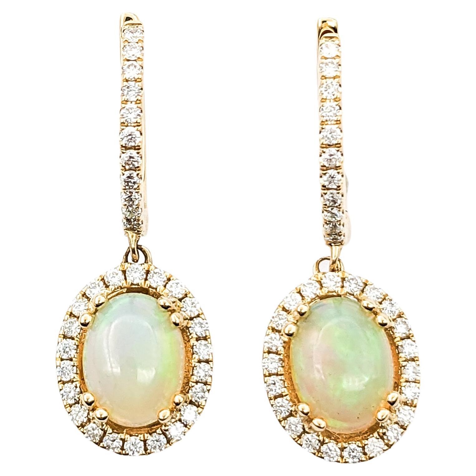 1.50ctw Opal & Diamond leverback Drop Earrings In Yellow Gold For Sale