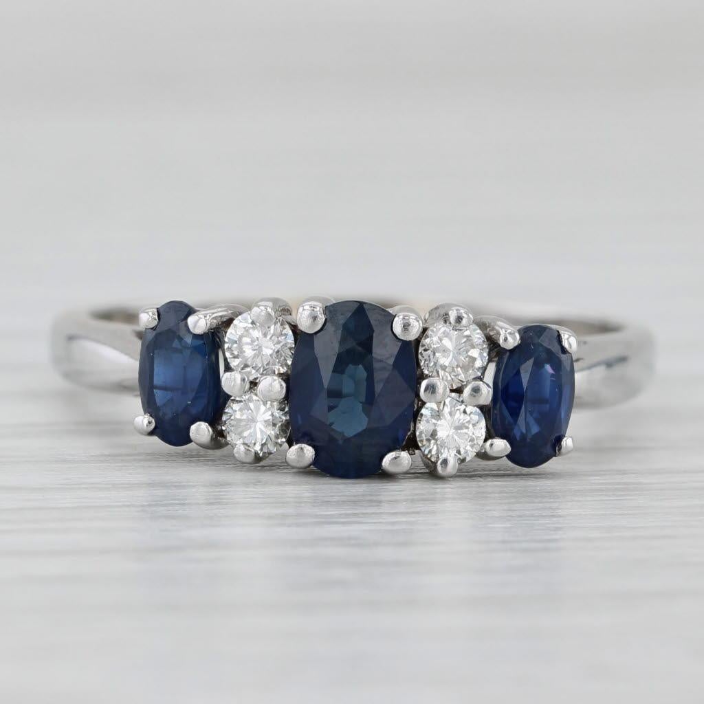 Oval Cut 1.50ctw Oval Blue Sapphire 3-Stone Diamond Ring 14k White Gold Size 9.5