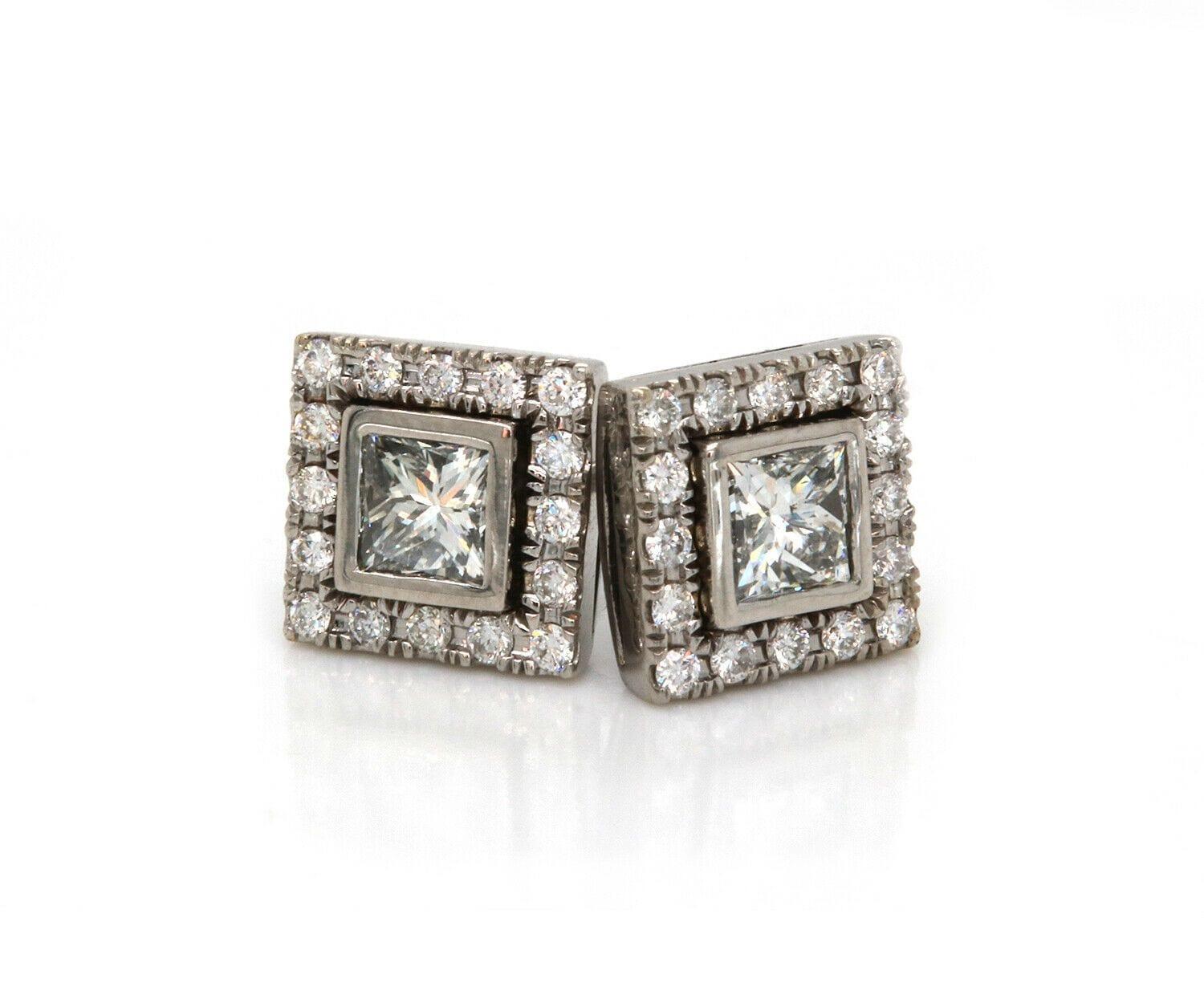 Princess Cut 1.50ctw Princess Diamond Frame Stud Earrings in 14K White Gold For Sale