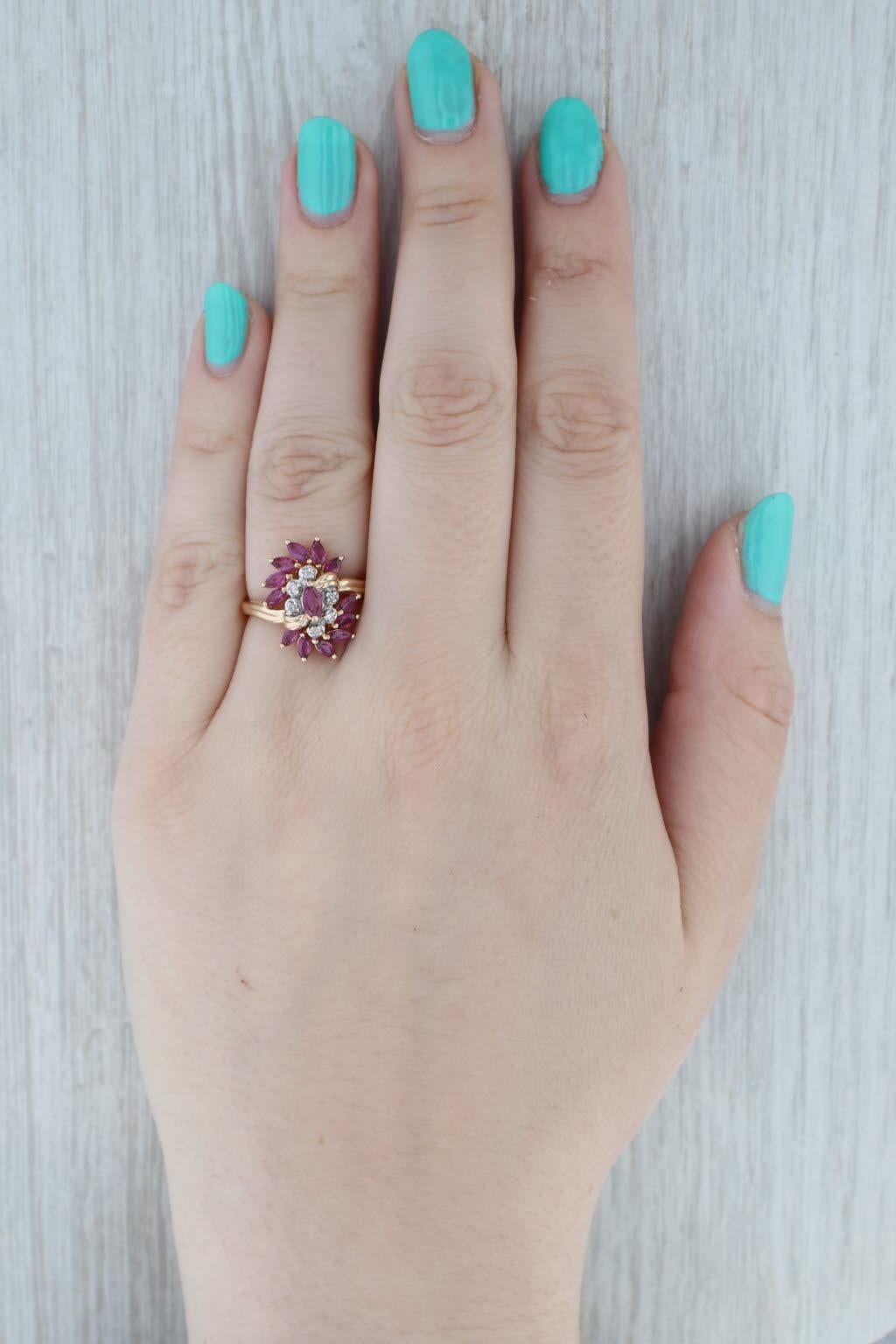 1.50ctw Ruby Diamond Cluster Cocktail Ring 14k Yellow Gold Size 7.75 Bypass in vendita 5