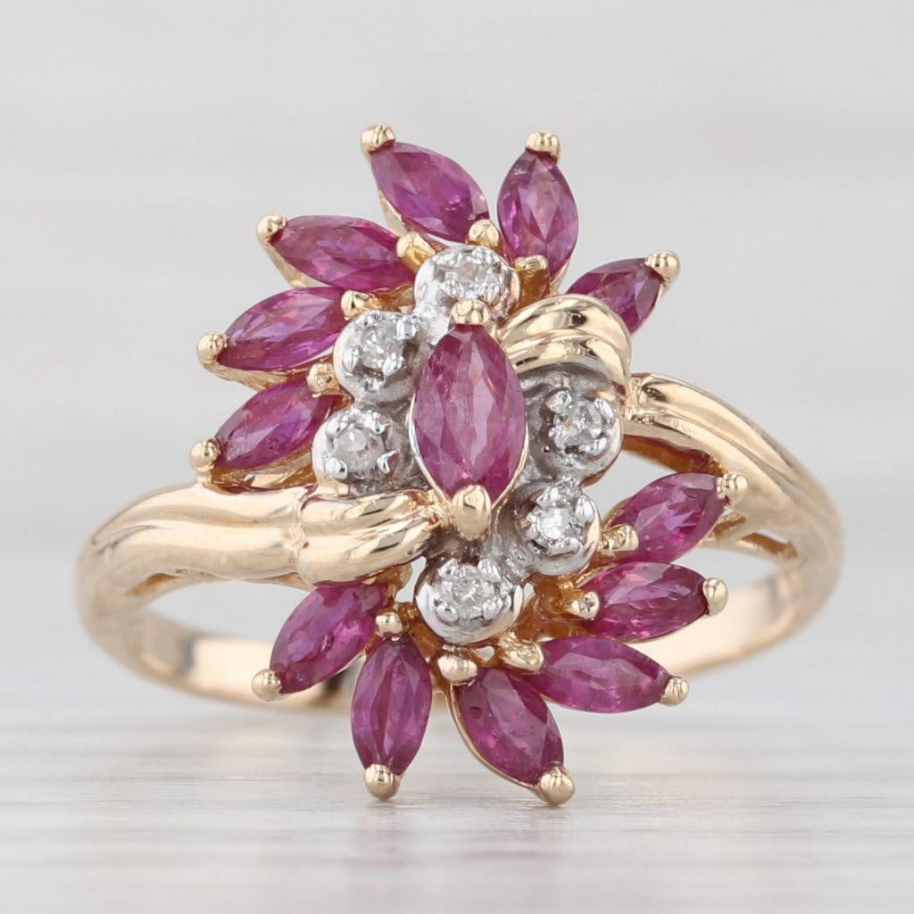 1.50ctw Ruby Diamond Cluster Cocktail Ring 14k Yellow Gold Size 7.75 Bypass In condizioni buone in vendita a McLeansville, NC