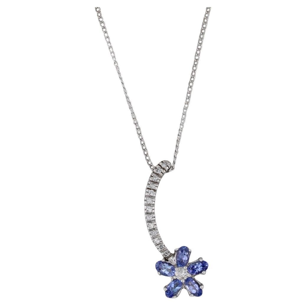 1.50ctw Tanzanita Diamante Flor Colgante Collar 14k Oro Blanco 18" Cadena de Curb en venta