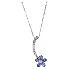 1.50ctw Tanzanita Diamante Flor Colgante Collar 14k Oro Blanco 18" Cadena de Curb