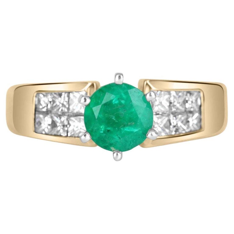 1.50tcw 14K Colombian Emerald-Round Cut & Diamond Gold Statement Ring For Sale