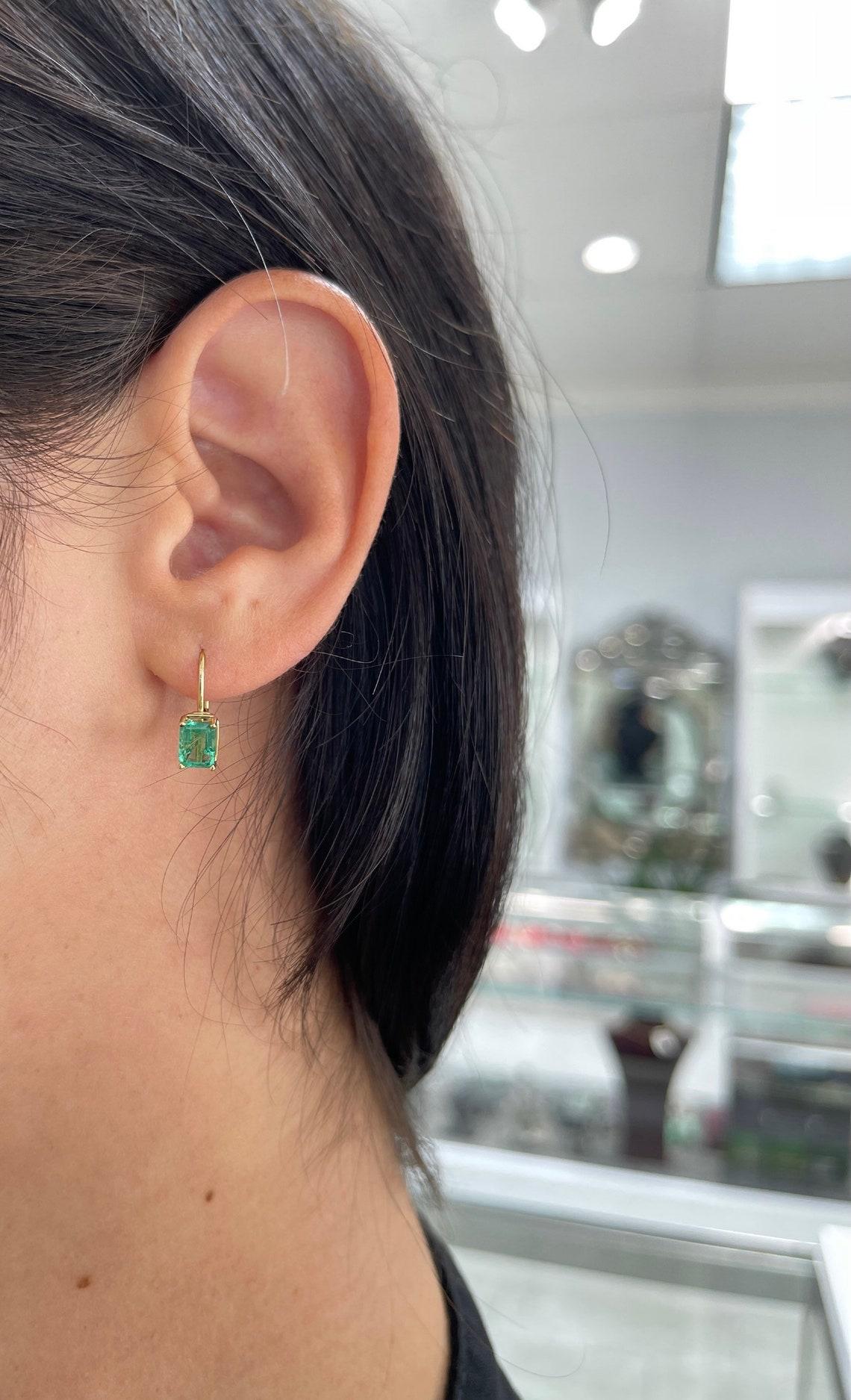 Women's 1.50tcw 14K Emerald-Emerald Cut Leverback Earrings For Sale
