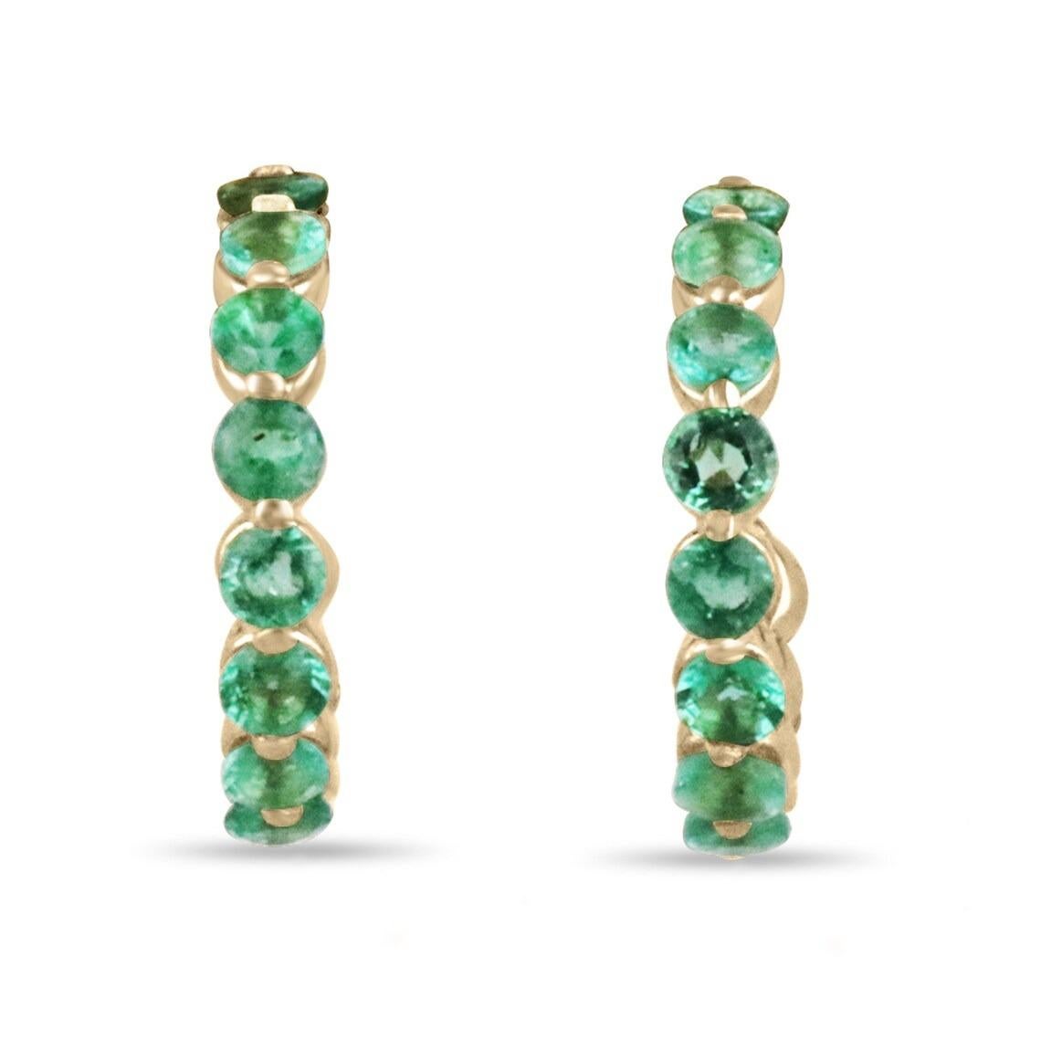 Get excited about these beautiful earrings with 1.50tcw of round-cut genuine emeralds skillfully hand set in solid 14K gold. They're perfect for everyday wear and are loved by both JR Colombian emeralds and customers for their elegant design and