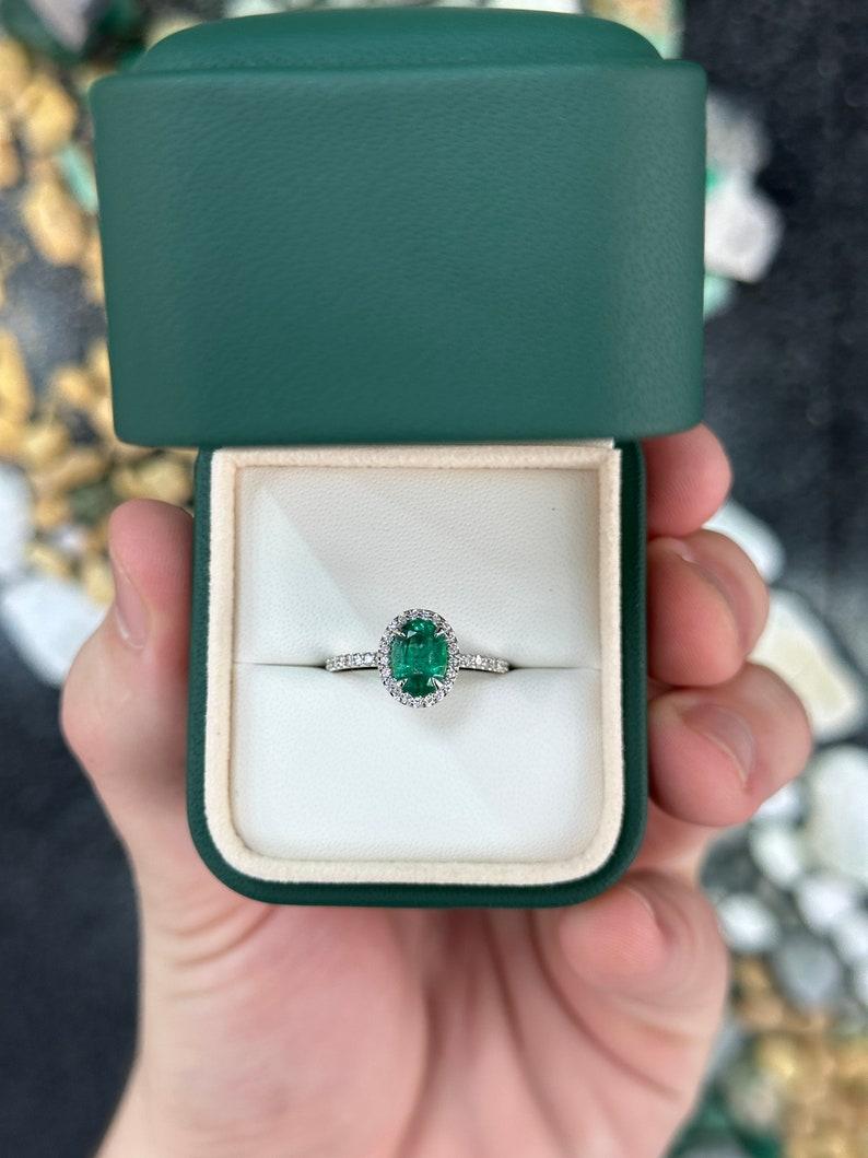 Modern 1.50tcw 14K Natural Oval Emerald & Diamond Halo Engagement Ring For Sale