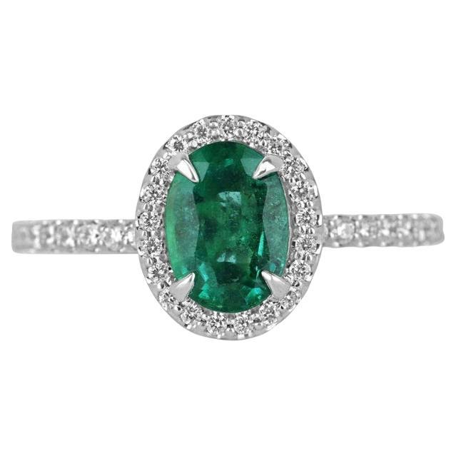 Bague de fiançailles halo de 1,50 carat cw, émeraude ovale naturelle 14 carats et diamants