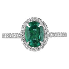 Bague de fiançailles halo de 1,50 carat cw, émeraude ovale naturelle 14 carats et diamants