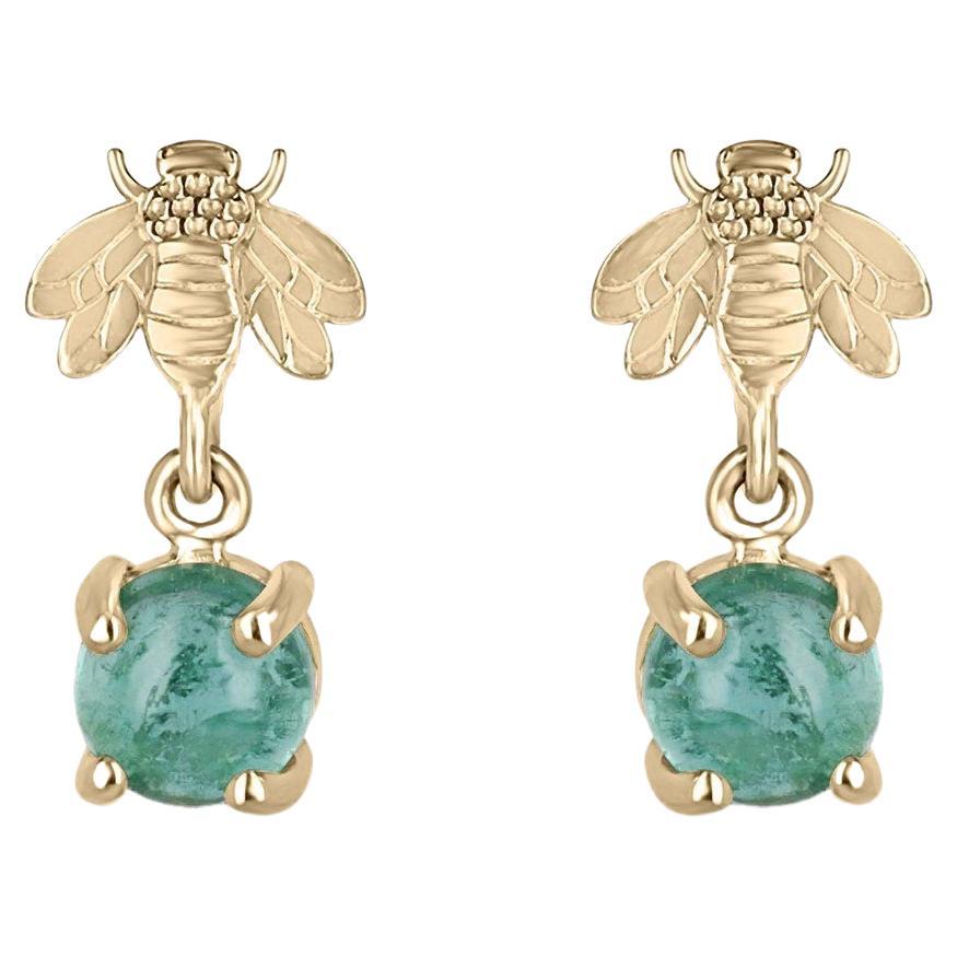 1.50tcw 14K Natural Round Cabochon Emerald Bumblebee Earrings Lush Green