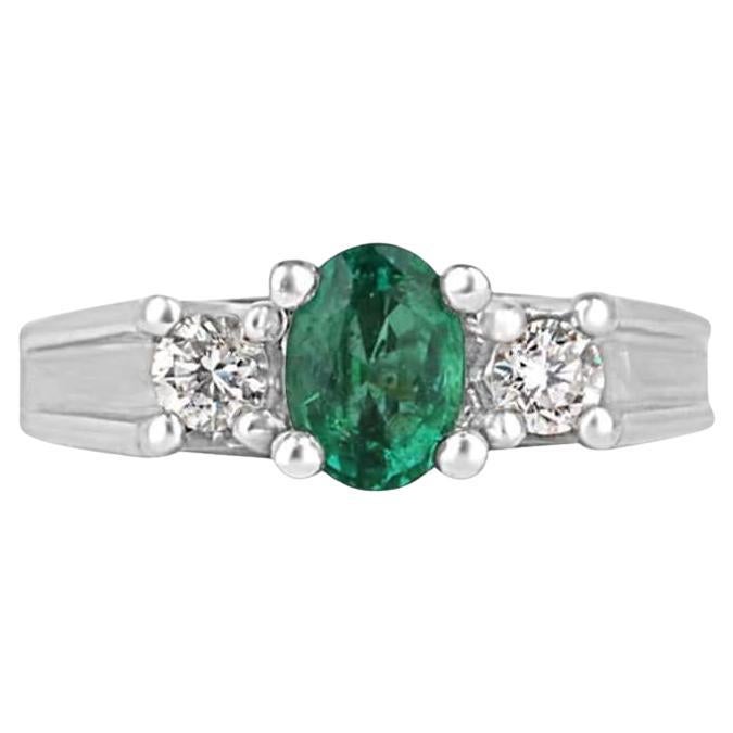 1.50tcw 14K Oval Emerald & Diamond Three-Stone Ring - Lush Green 585 White Gold For Sale