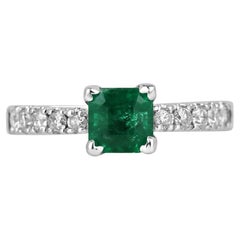 Anillo de compromiso esmeralda Asscher verde intenso de 1,50 quilates 14K con acento de diamante