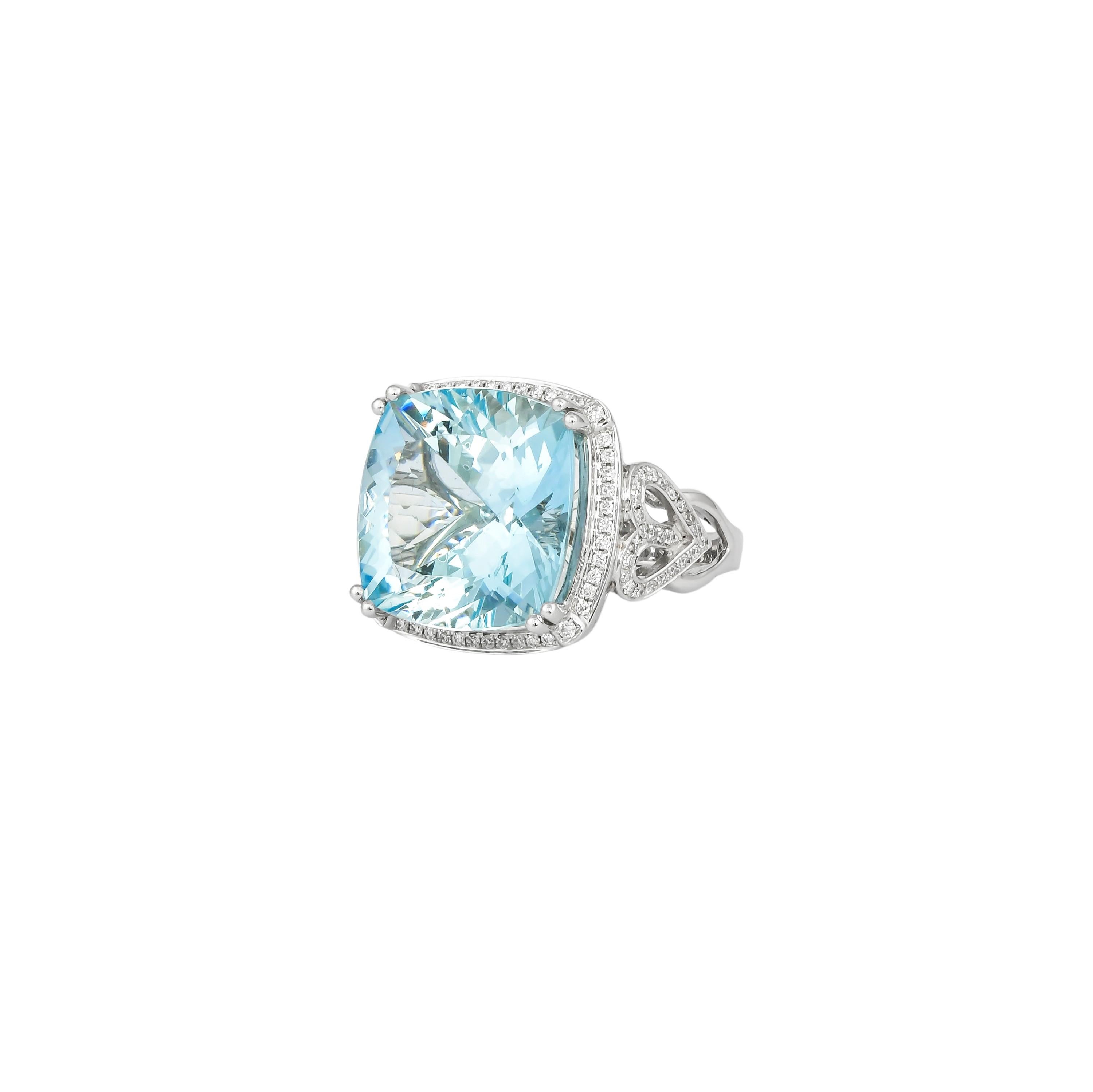 Cushion Cut 15.1 Carat Aquamarine and Diamond Ring in 14 Karat White Gold For Sale