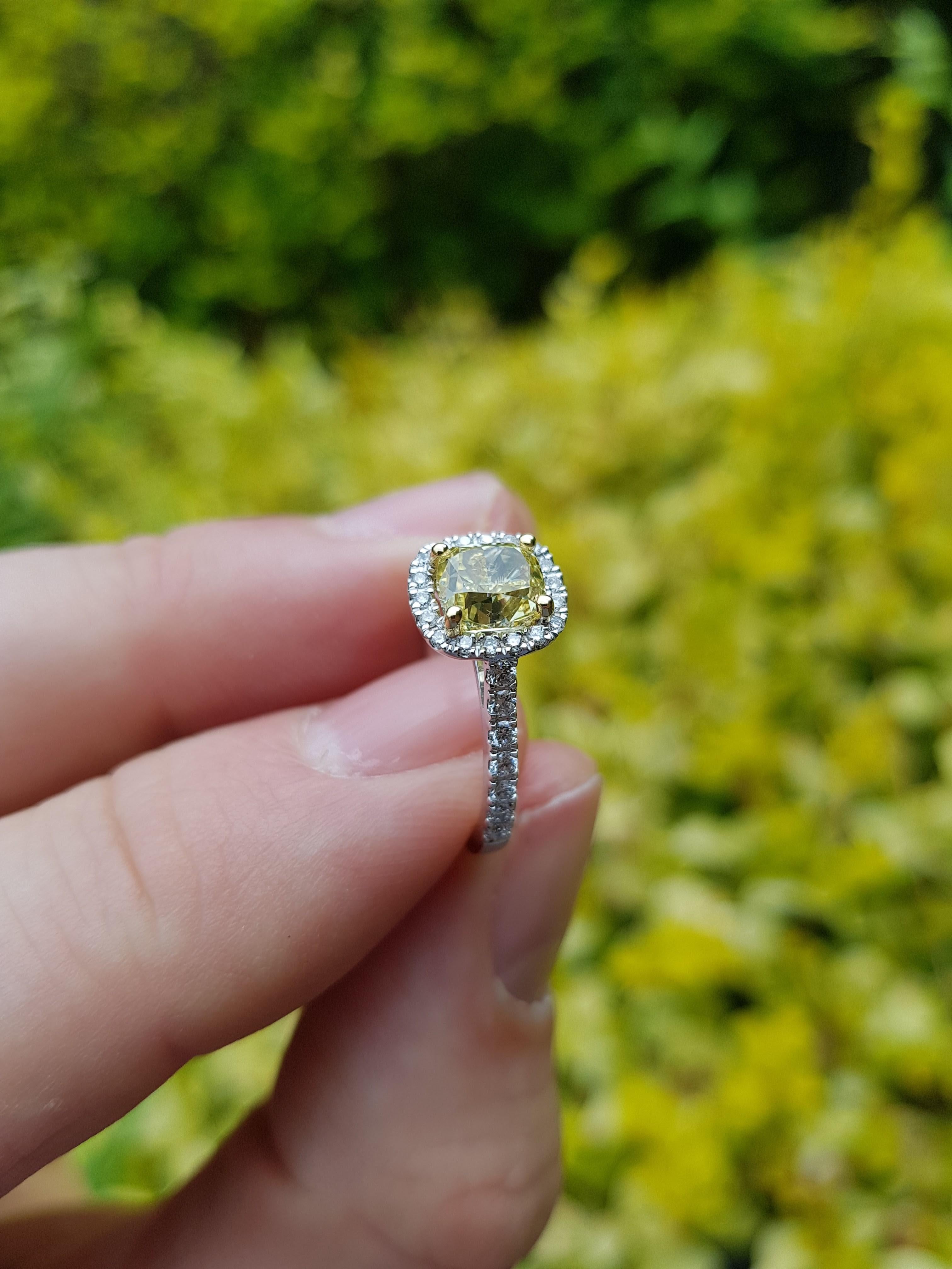 1.51 Carat Cushion Cut Fancy Intense Yellow Diamond Halo Engagement Ring For Sale 1