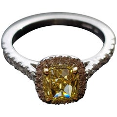 1.51 Carat Cushion Cut Fancy Intense Yellow Diamond Halo Engagement Ring