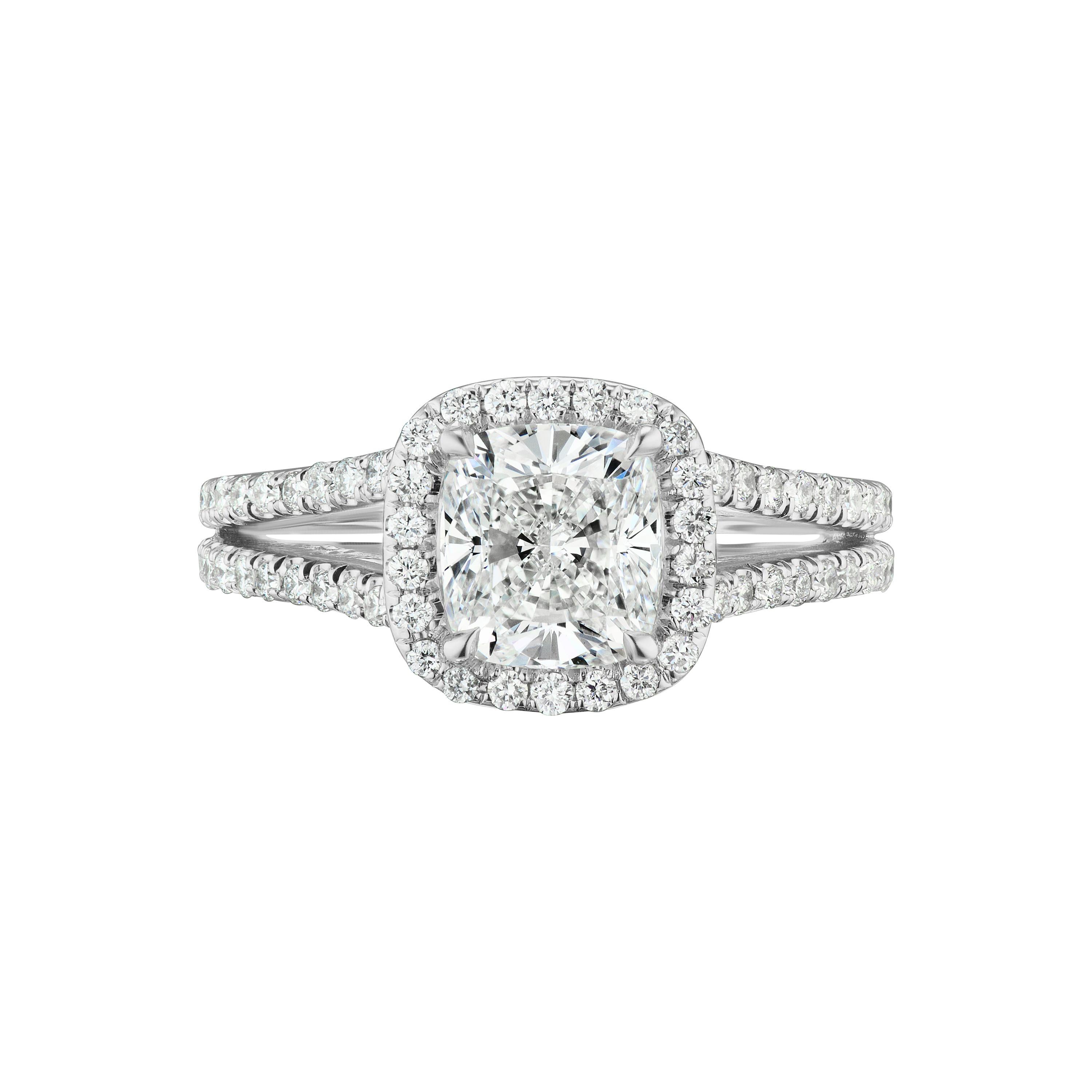 1.51 Carat Conflict Free Cushion Cut FVS2 GIA in 14 Karat Halo with Split Shank For Sale