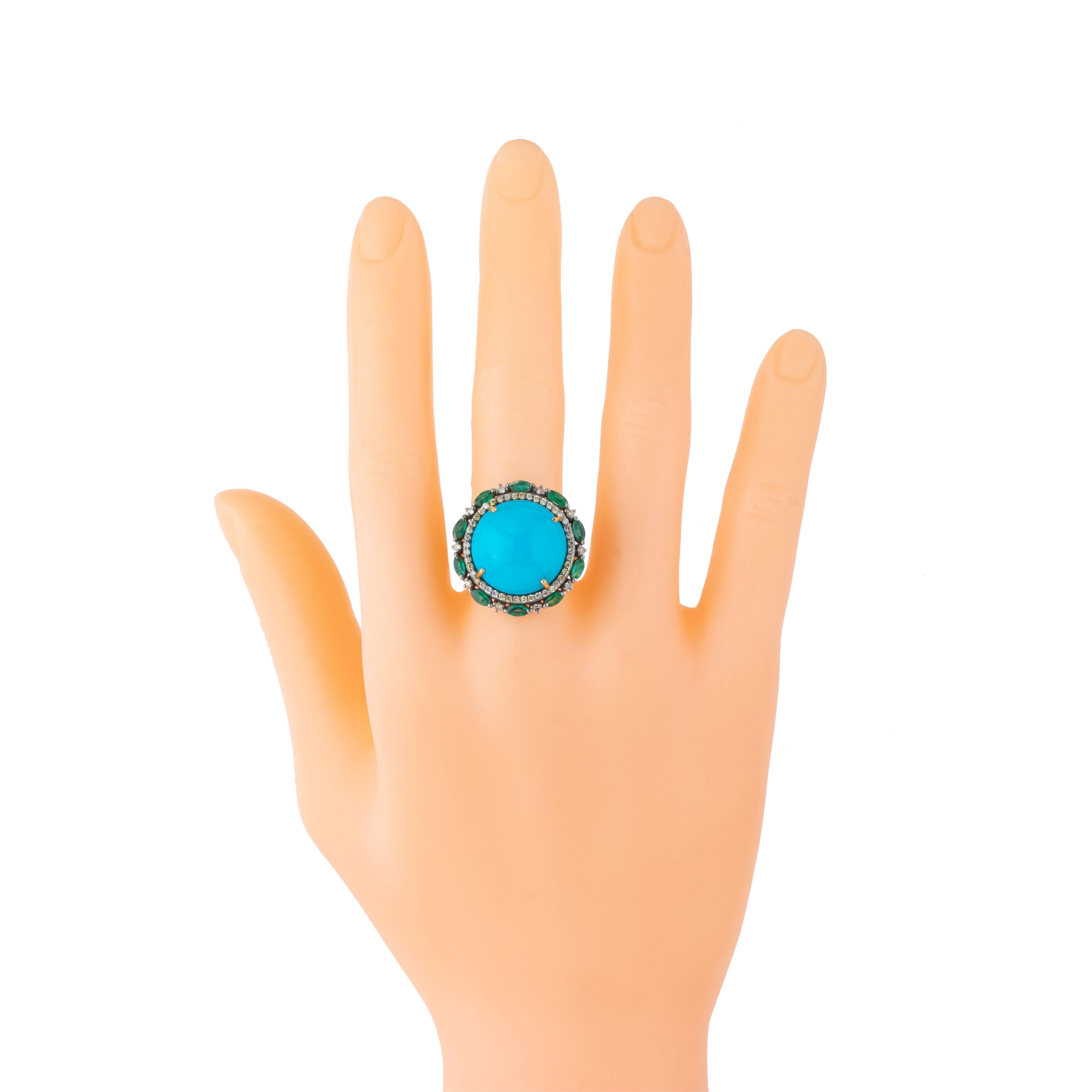 Contemporary 15.1 Carat Diamond, Emerald and Turquoise Cocktail Ring For Sale