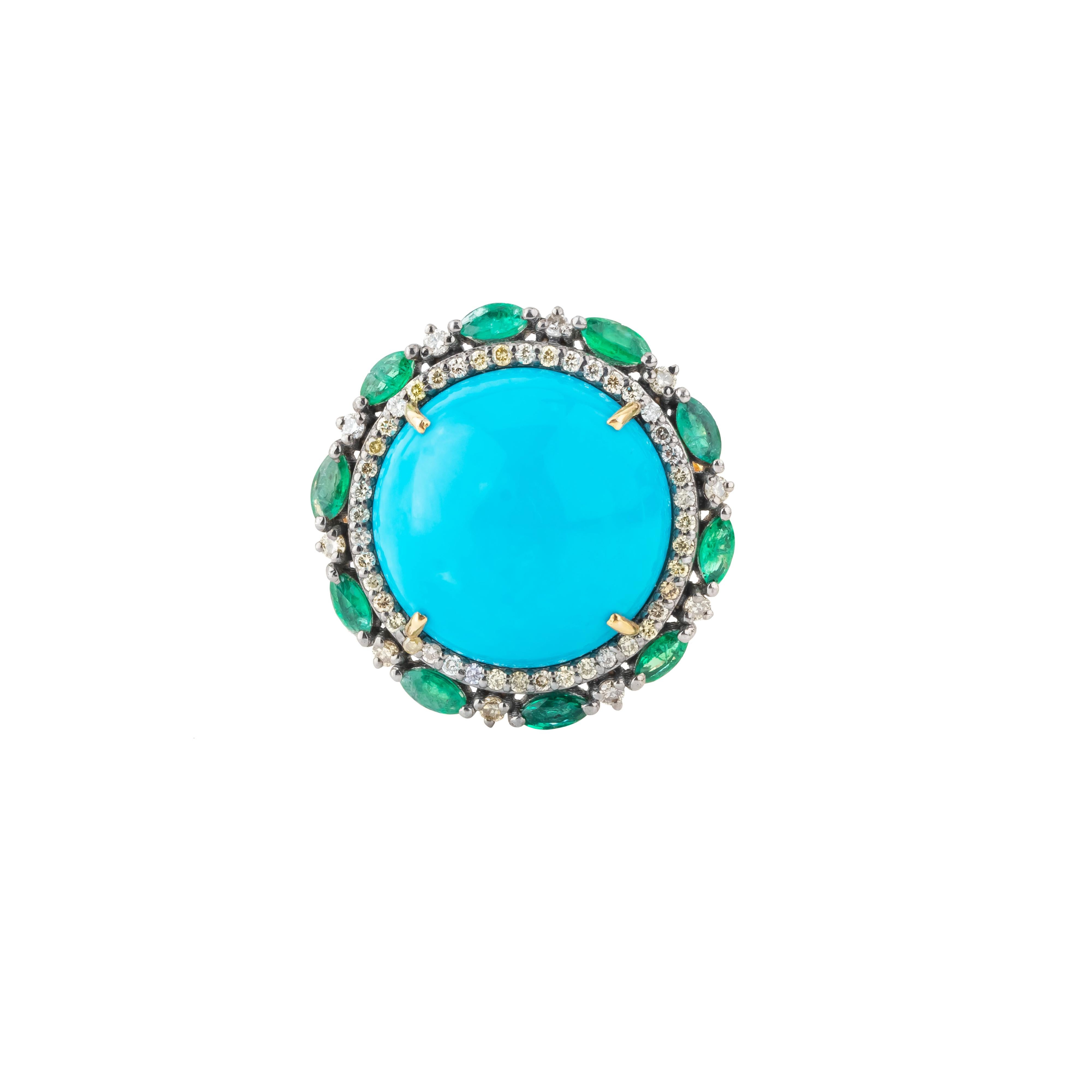 Round Cut 15.1 Carat Diamond, Emerald and Turquoise Cocktail Ring For Sale
