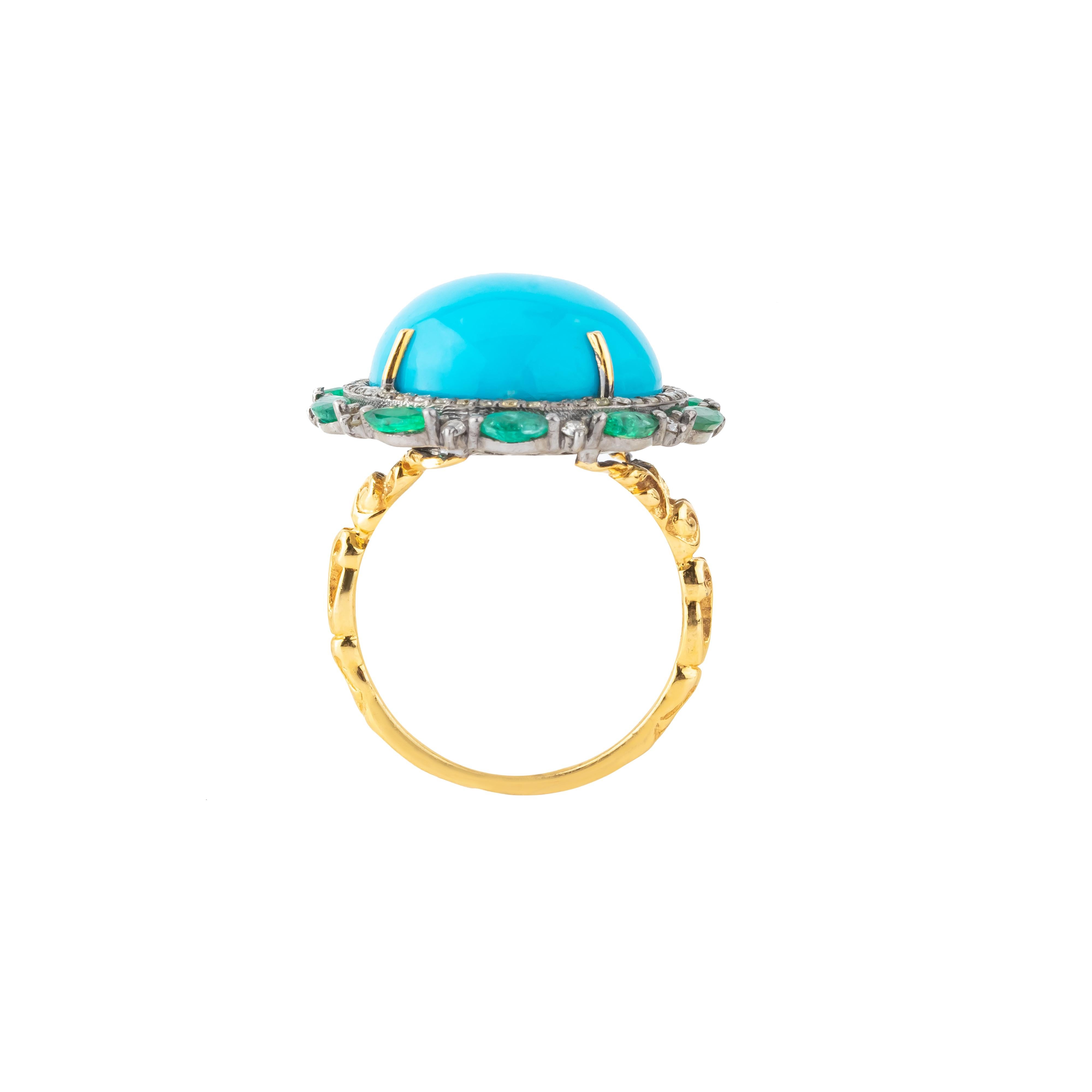 15.1 Carat Diamond, Emerald and Turquoise Cocktail Ring In New Condition For Sale In Jaipur, IN
