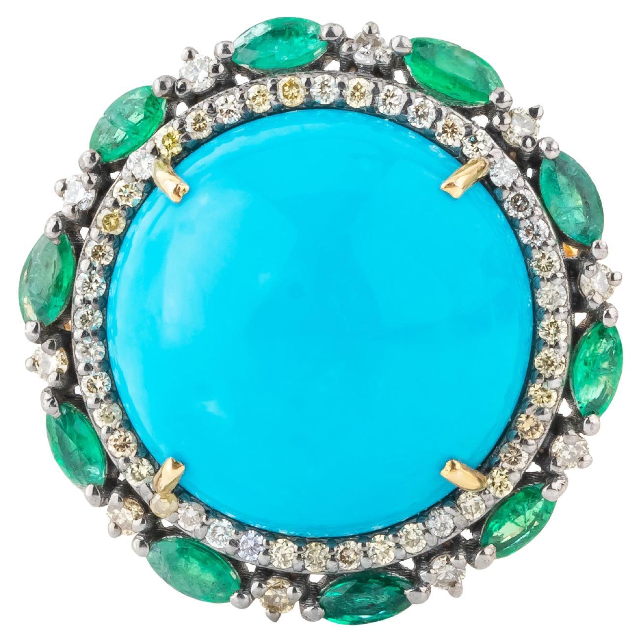 15.1 Carat Diamond, Emerald and Turquoise Cocktail Ring For Sale