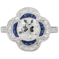 1.51 Carat Euro Cut Diamond Scalloped Ring with Sapphires Platinum