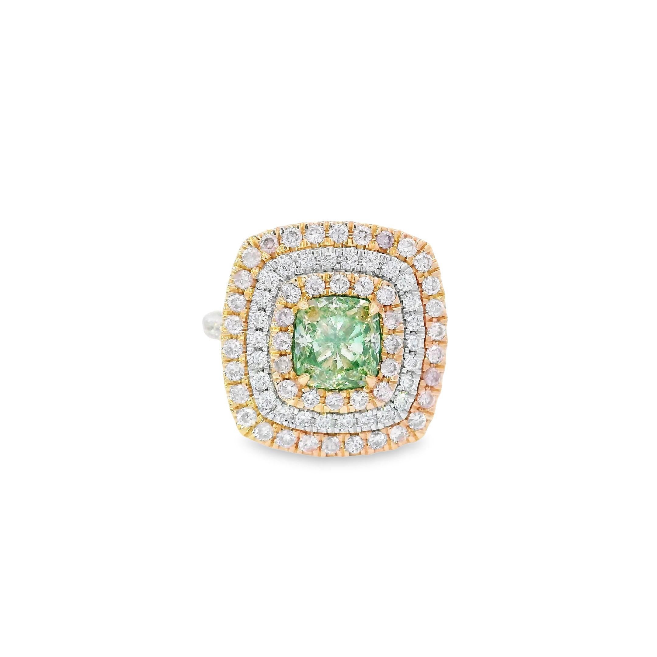 Cushion Cut 1.51 Carat Fancy Green Diamond Ring VS Clarity AGL Certified For Sale