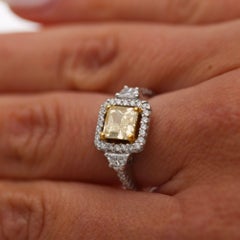 1.51 Carat Fancy Yellow Square Cut Diamond Halo 18K Gold Engagement Ring