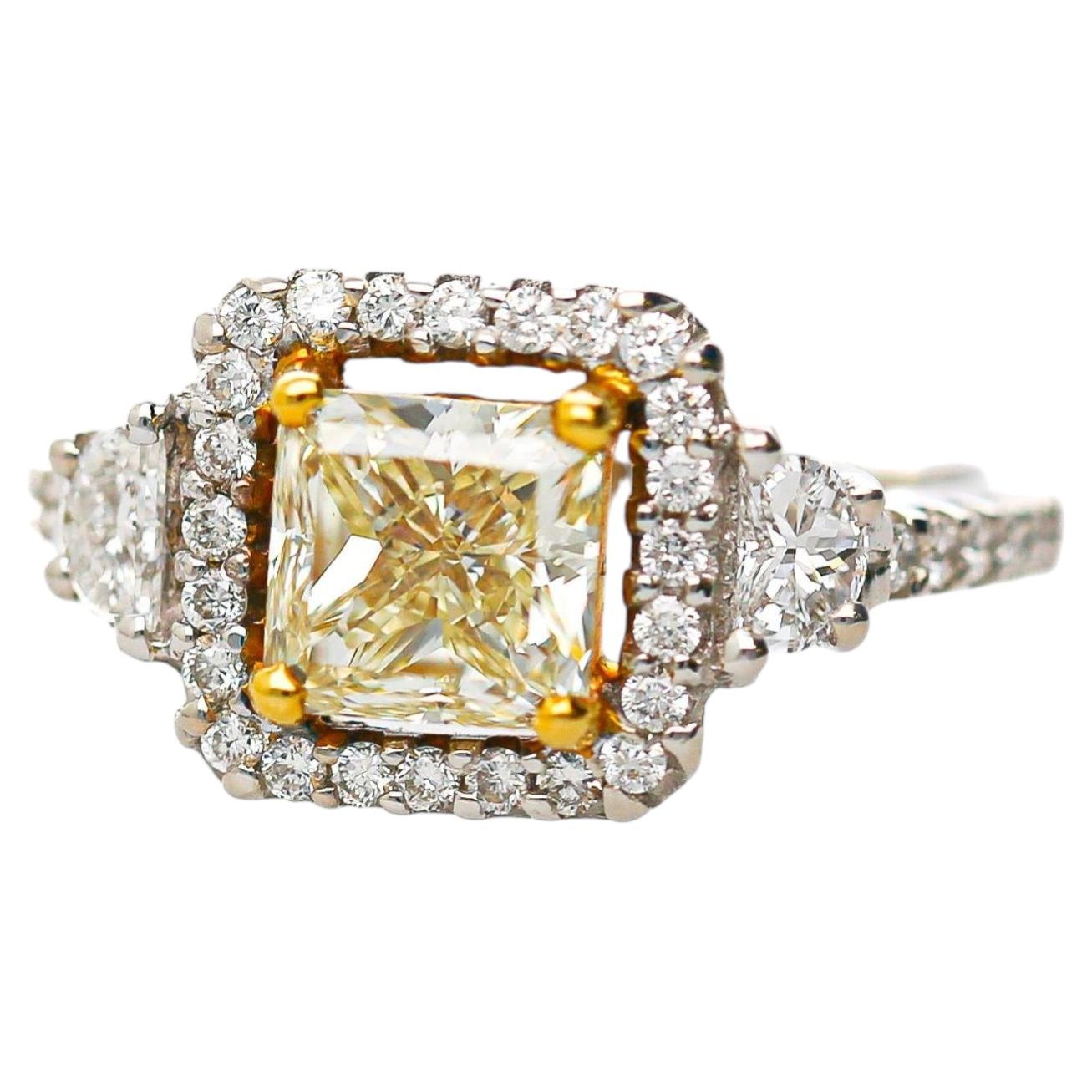 1.51 Carat Fancy Yellow Square Cut Diamond Halo 18K Gold Engagement Ring For Sale