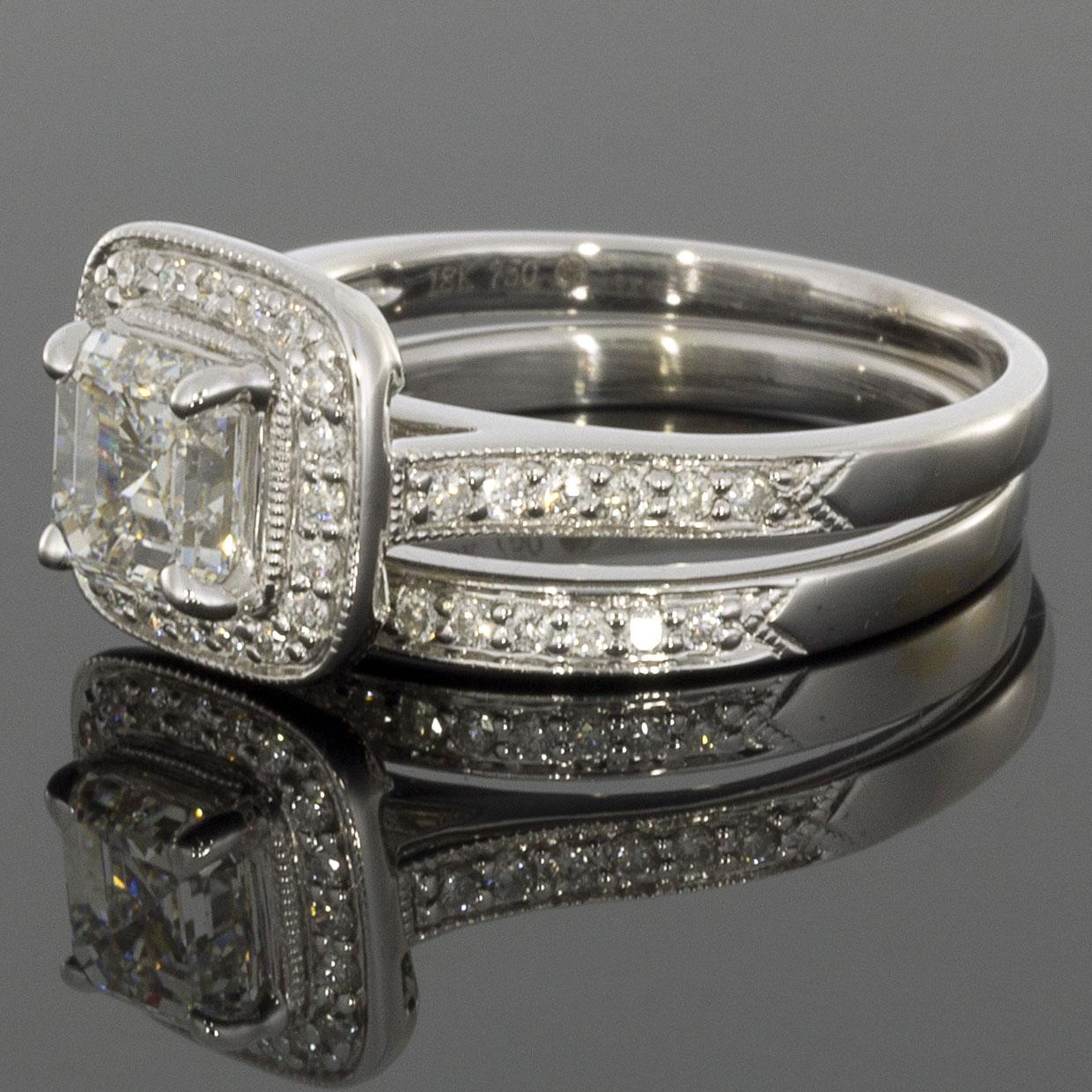 1.51 Carat GIA Certified Colorless Asscher Diamond Halo Engagement Ring Set In Excellent Condition In Columbia, MO